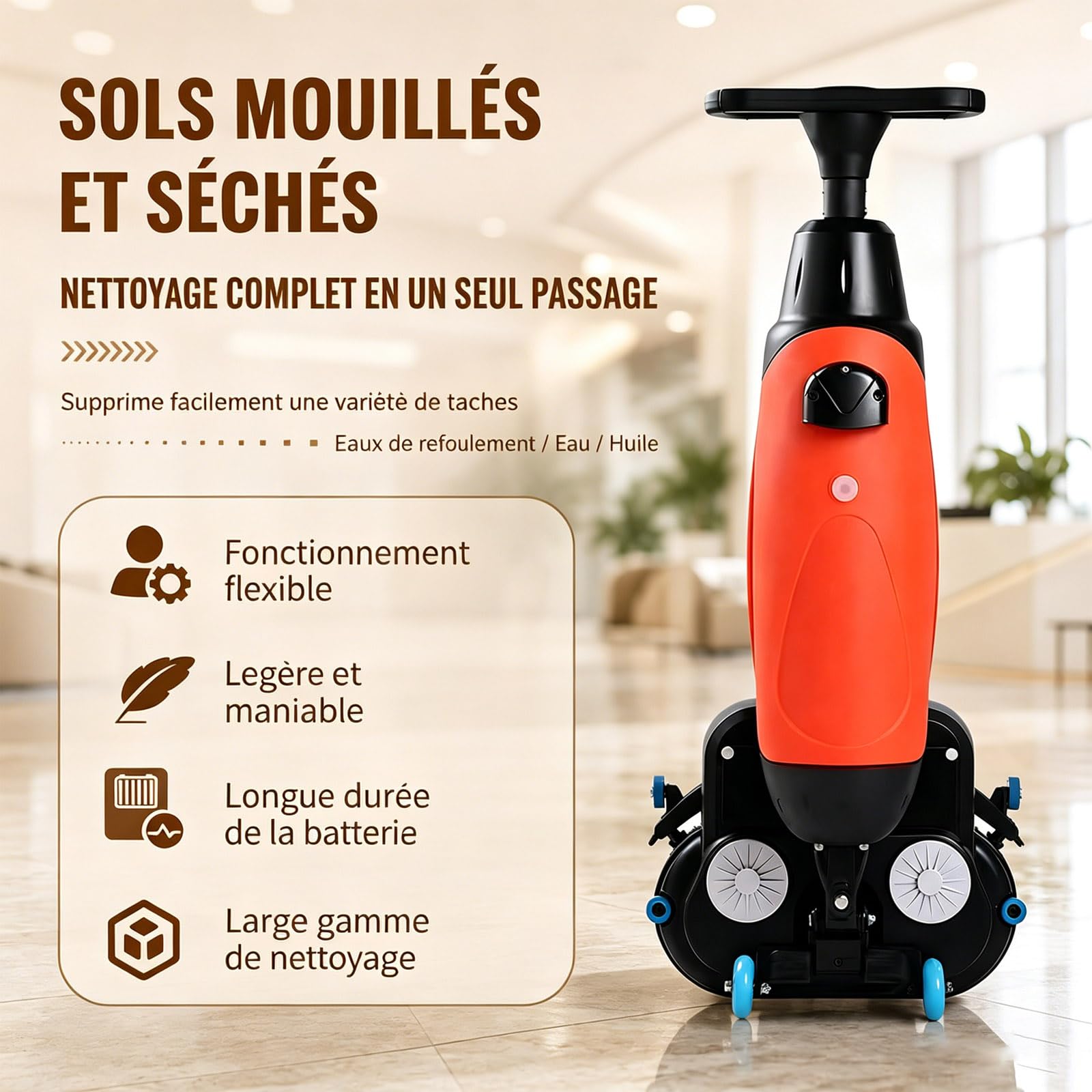 Autolaveuse Verticale et Aspirateur Nettoyeur Sol, Design Compact, Double Brosse Rotative 360°, Nettoyage en Profondeur pour Carrelage et Parquet Blanc-220V