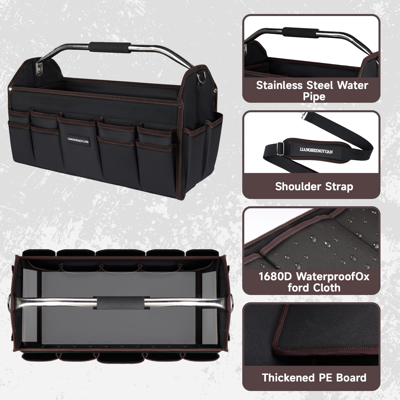 Portaherramientas de 20 pulgadas, bolsa de herramientas con parte superior abierta, 30 bolsillos, bolsa de herramientas impermeable para hombres, bolsa de herramientas plegable de boca ancha, con