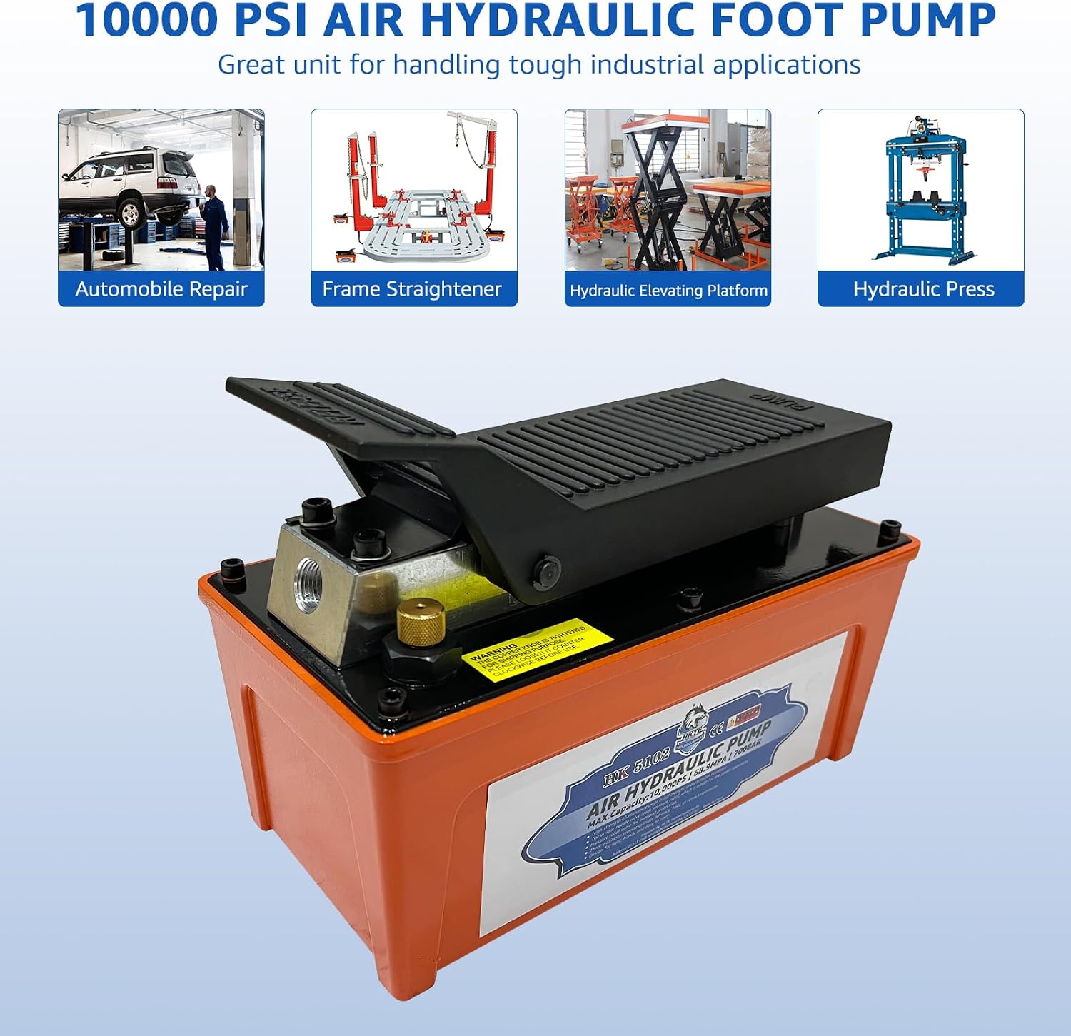 HKTE Professional Air Hydraulic Pump, Foot-Operated, 10,000 PSI, 1/2 Gal Reservoir for Machinery Lifting & Auto Repair