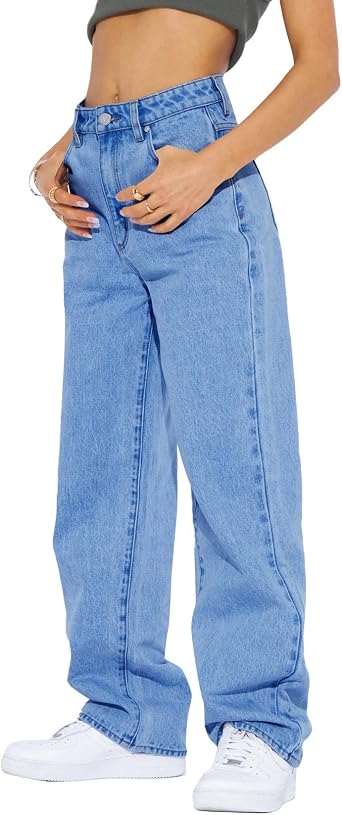 PLNOTME Womens High Waisted Boyfriend Baggy Jeans Straight Leg Casual Denim Pants