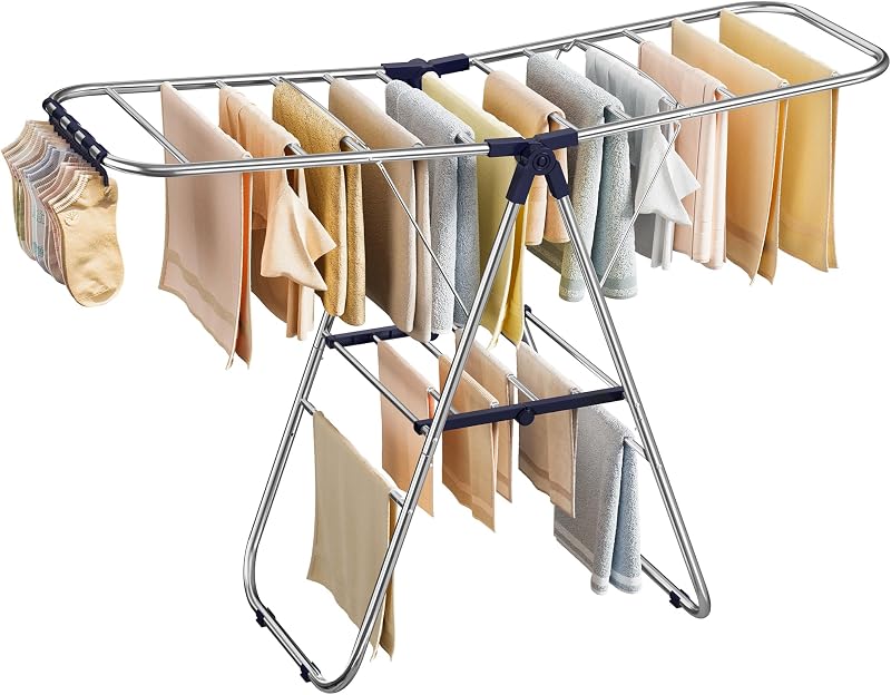 Tendedero de Ropa, Tendedero de Ropa Plegable, Azul | Pinzas para medias, Tendedero de metal con alas de gaviota de altura ajustable, Ahorro de espacio, Interior y exterior, ULLR505EQ01