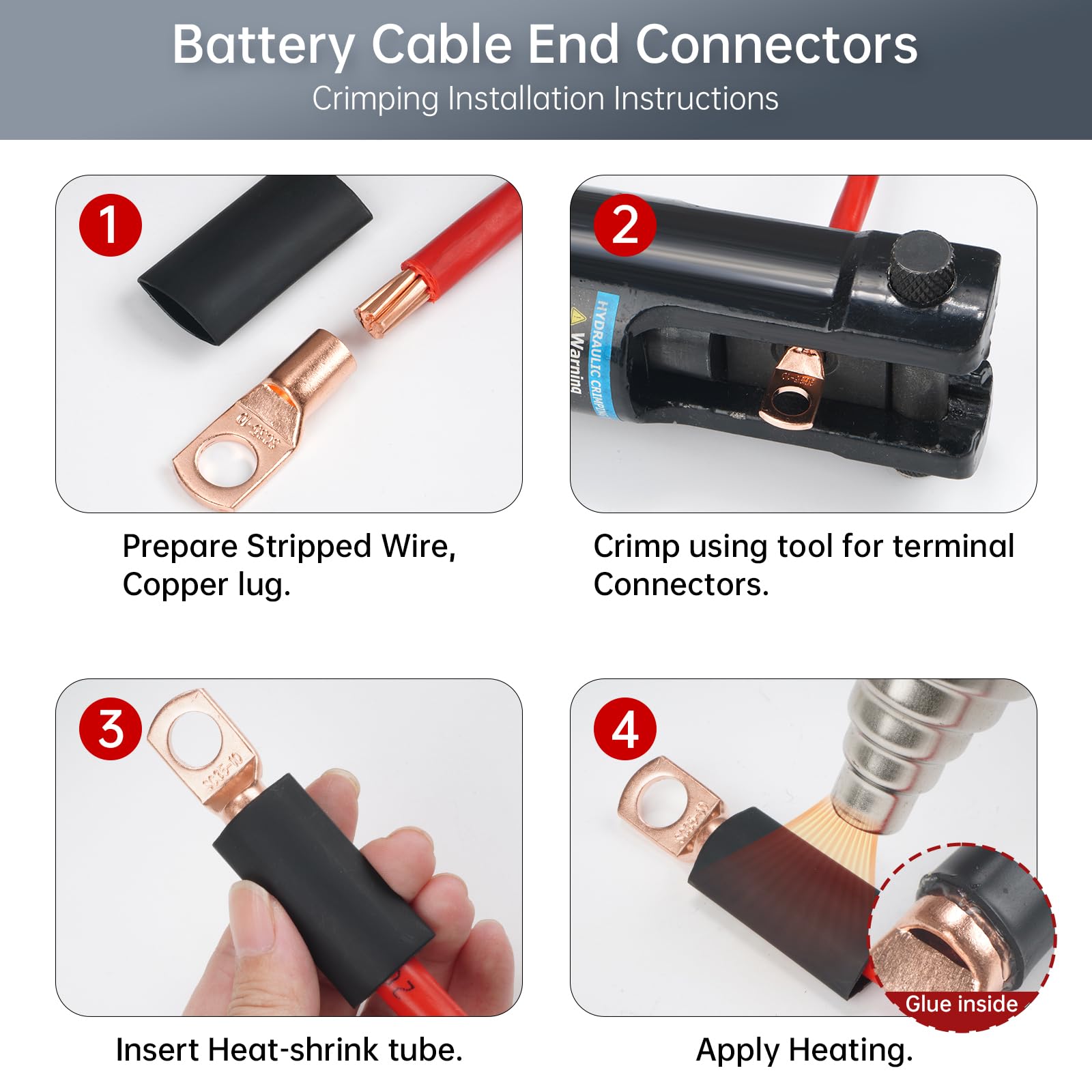 180 terminales de cable eléctrico de cobre grueso AWG2 4 6 8 10 12 calibre 12, terminales de anillo de terminales de anillo de extremo de batería, 240 piezas 3:1 kit surtido de tubos