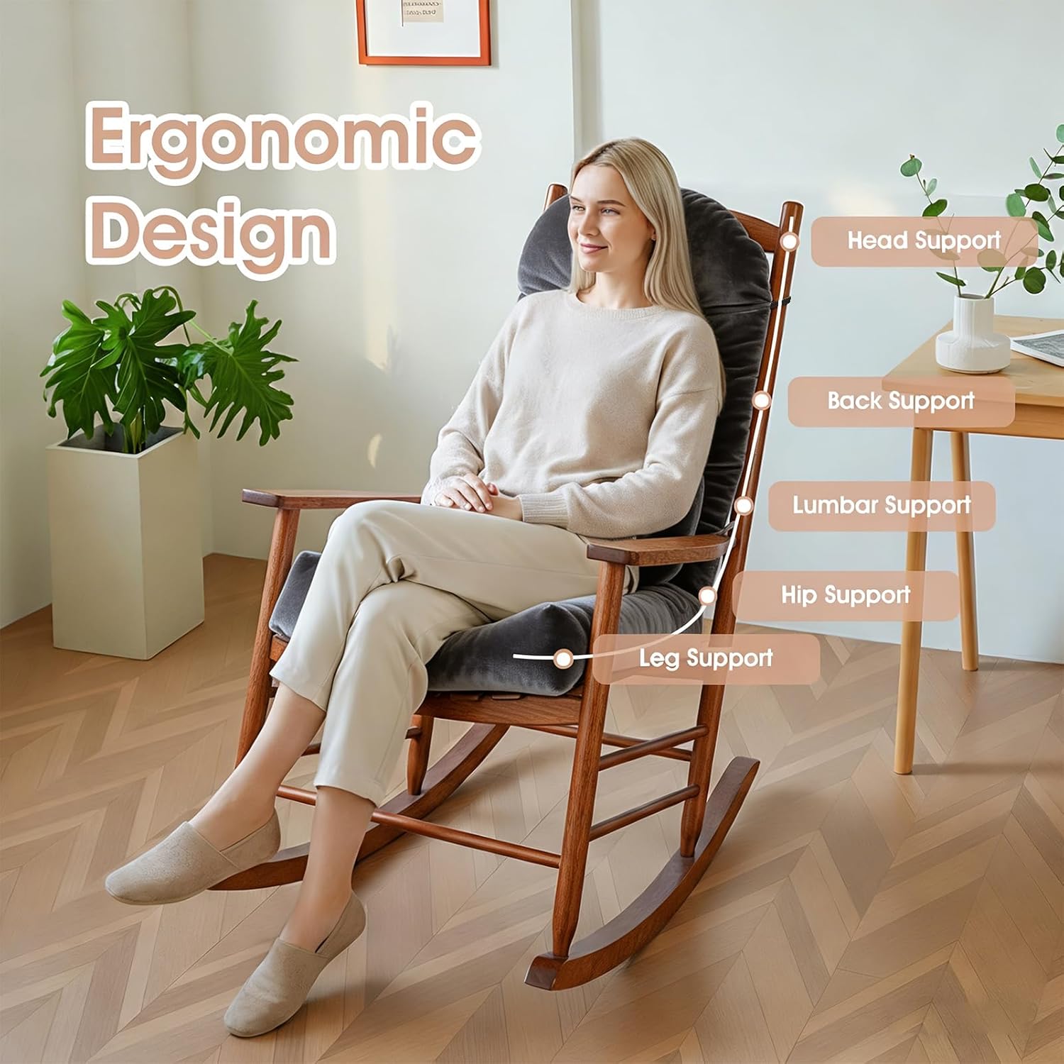 Rocking Chair Cushion Indoor Large Chair Pads Set with Ties Extra Lumbar Pillow Premium Dutch Velvet High Resilience Filler Non-Slip Bottom, Grey