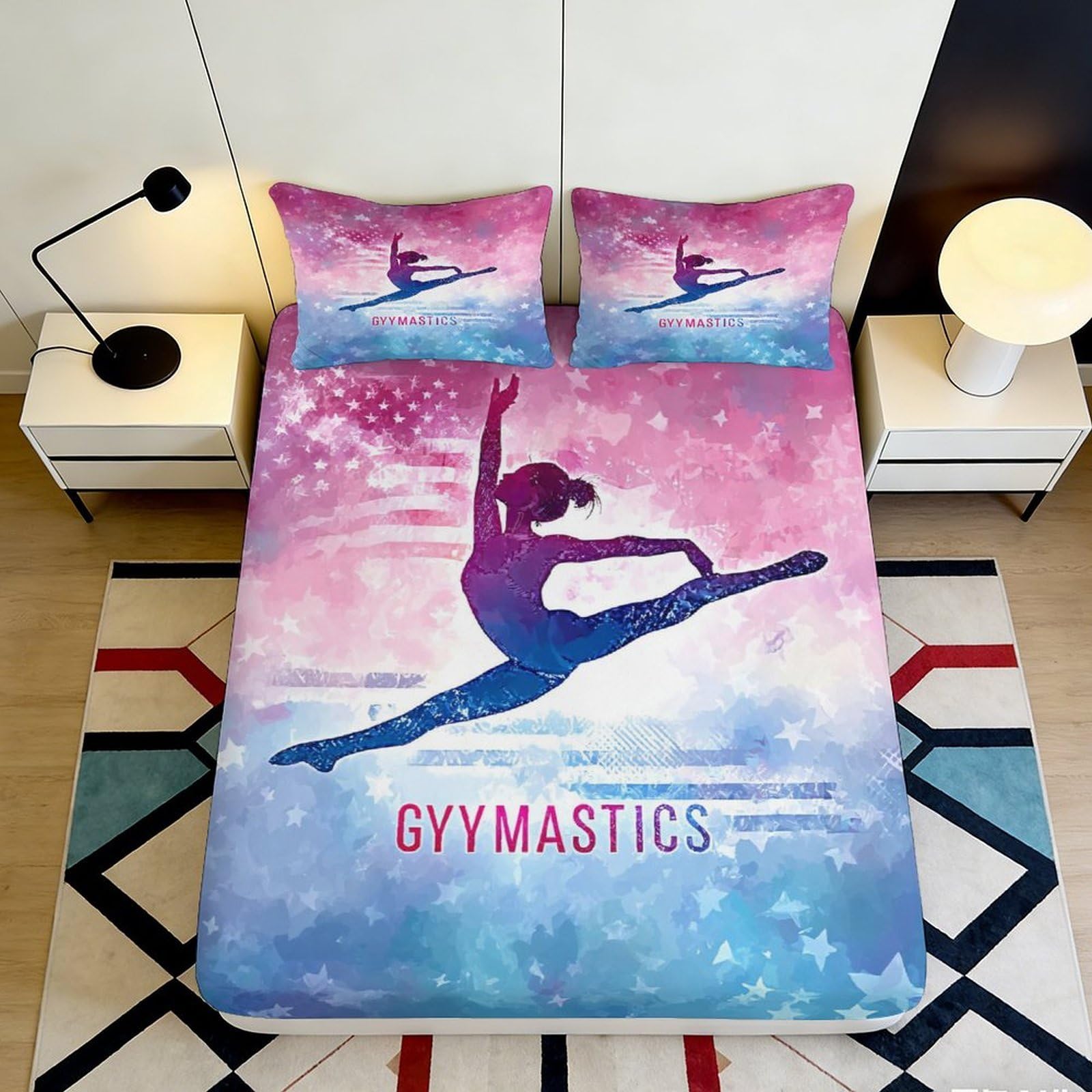 3D Printed Gymnastics Silhouette Fitted Sheet Microfiber Pink Blue Artistic Bed Cover for Bedroom Dorm Decor 90x200x25cm