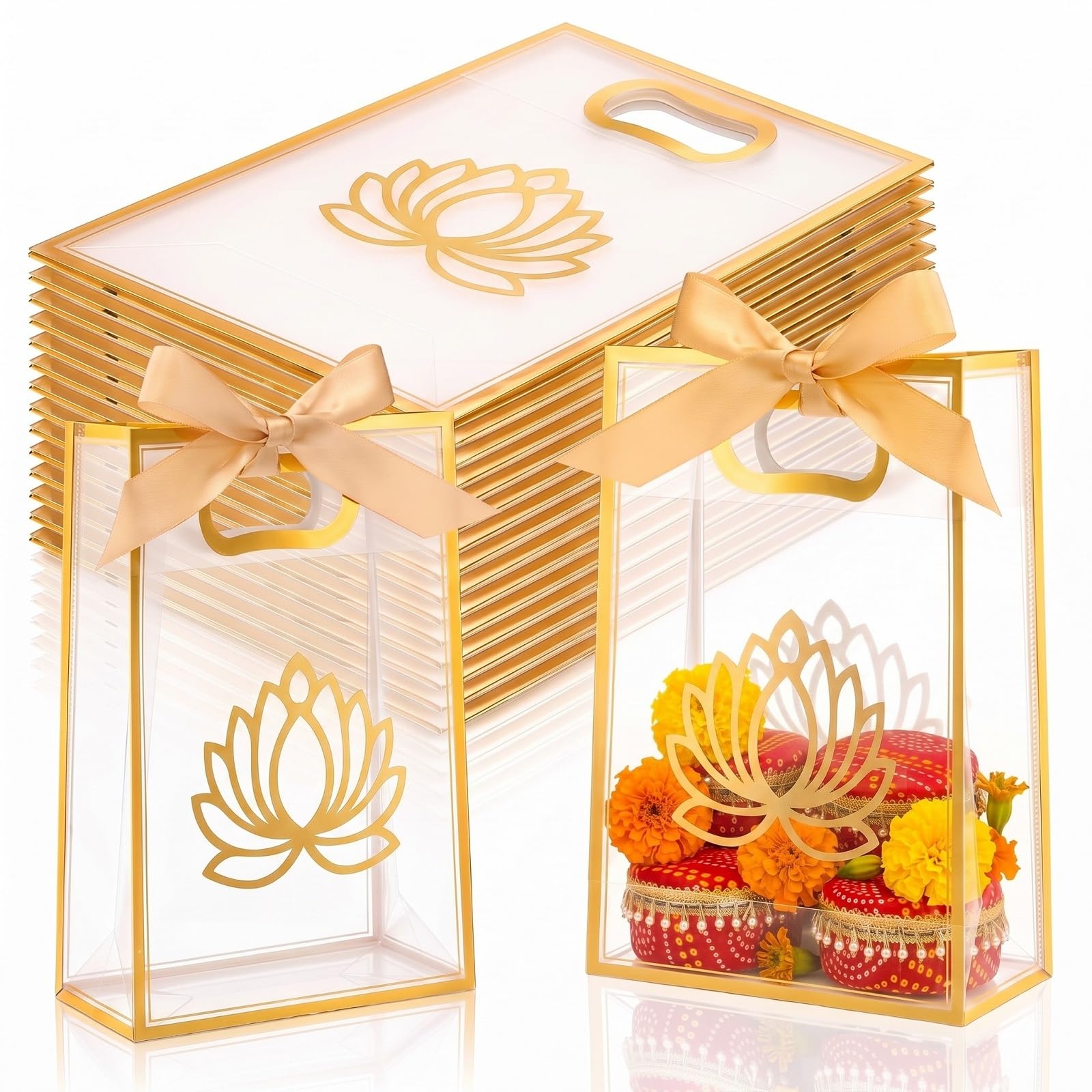 Bulyoou 12 Pcs Indian Return Plastic Gift Bags for Wedding Bulk 10 x 7 Inches Hindu Religious Pooja Wedding Party Favor Bags with Handle Small Diwali Pouch for Indian Pooja Housewarming (Lotus)