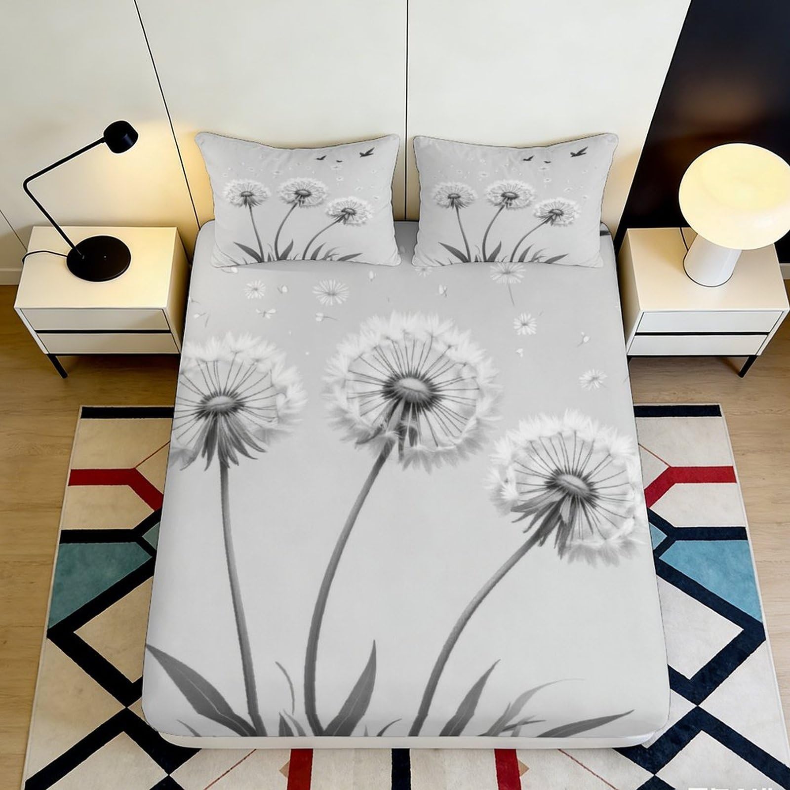 3D Printed Dandelion Fitted Sheet Microfiber Soft Breathable Dandelion Bed Cover for Bedroom Dormitory Guest Room Mattress Protection Decor 180x200x25cm