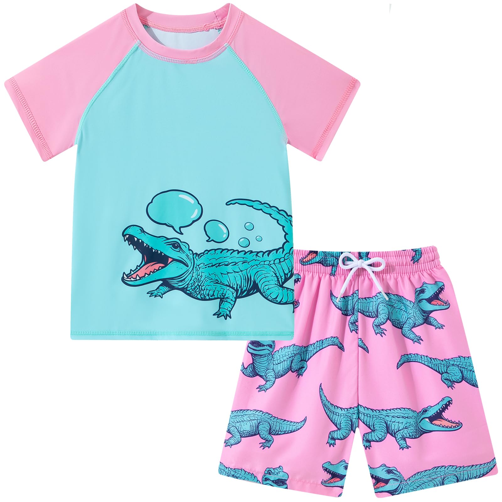 Boys Short Sleeve Rash Guard Swimsuit Set with Swim Trunks for 4-12 Years