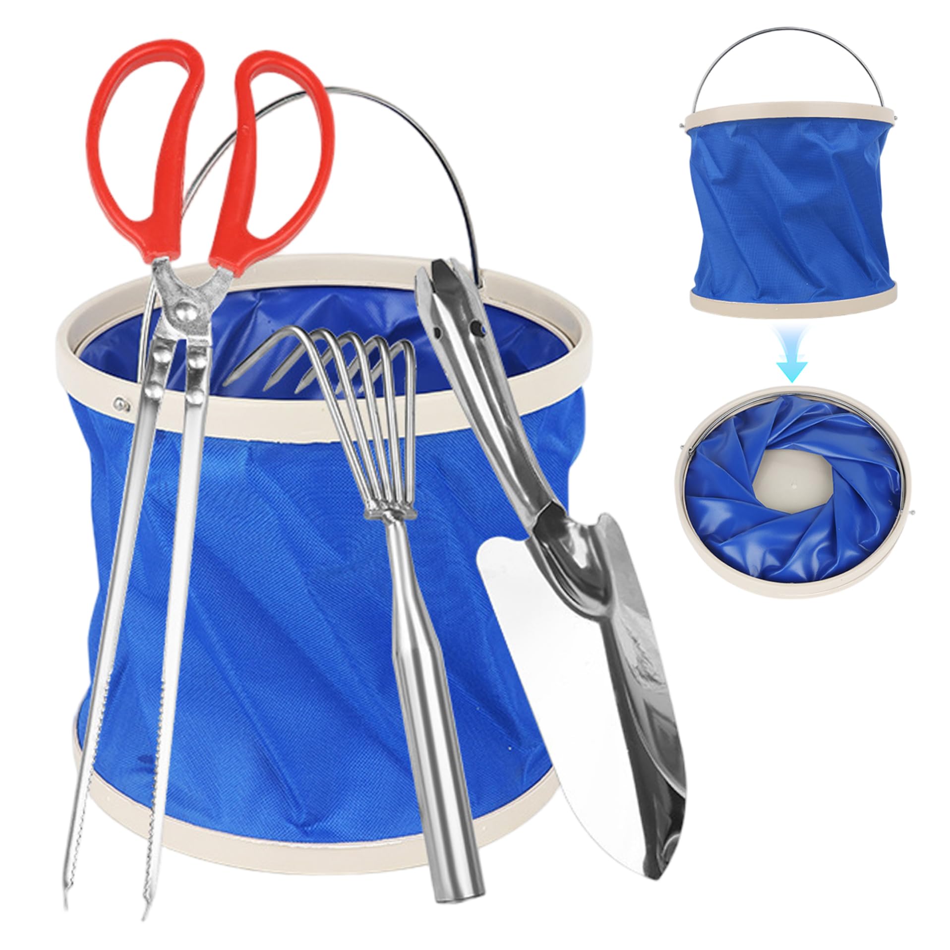 Ensemble de râteaux à palourdes Portables – 4 Outils de Plage avec Seau Pliable, râteau à Sable et Pelle en Acier Inoxydable pour Adultes et Enfants, pour décortiquer