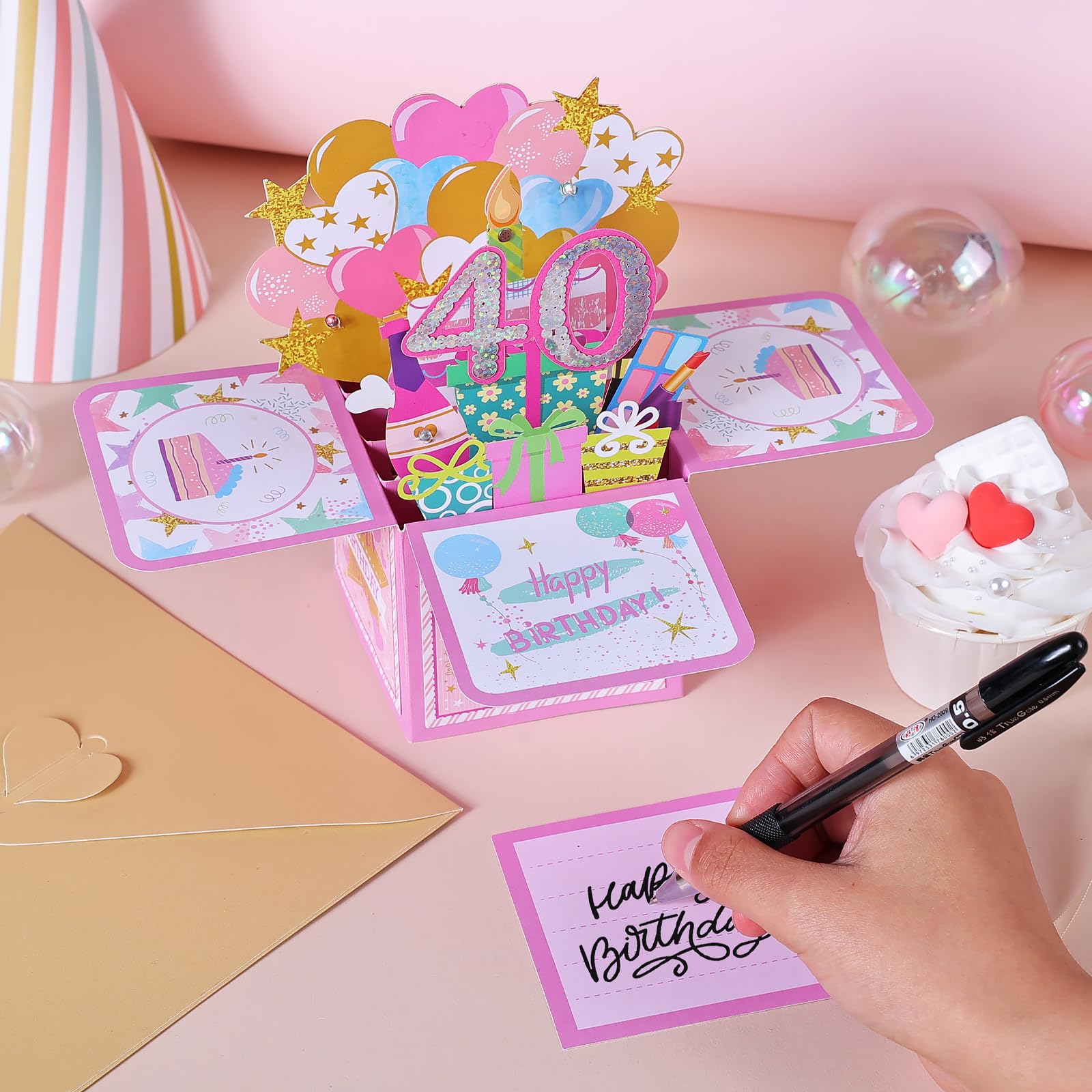 joyoldelf Damska kartka urodzinowa 40 lat - Muzyczna kartka z życzeniami 3D Pop Up, prezent na urodziny dla córki, idealna dla mamy, przyjaciela, matki, siostry, dziewczyny, towarzysza, imprezy