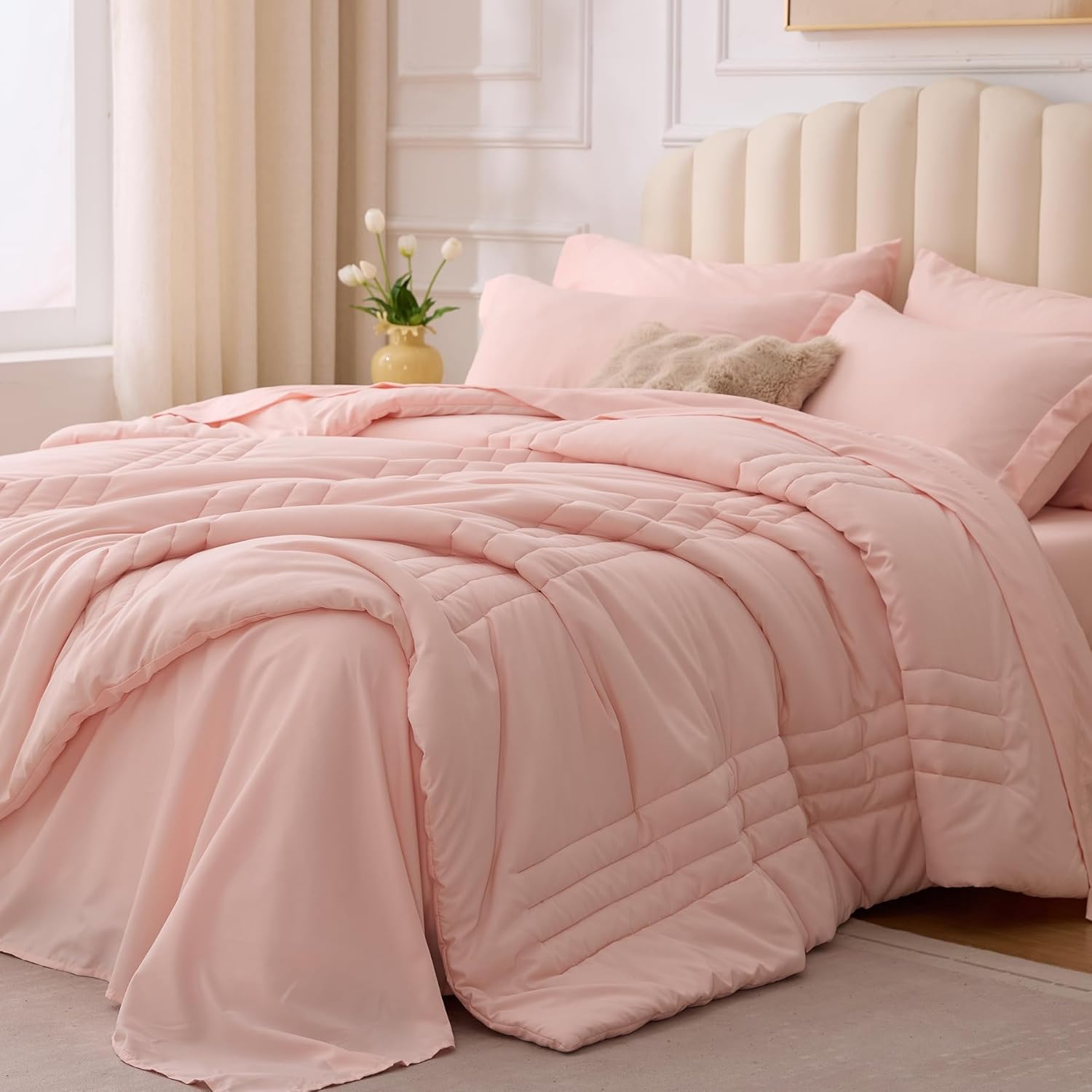 Velorose Twin Comforter Set Pink - Bed in a Bag Twin Size 5 Pieces, Soft Bedding Set for All Seasons, Premium College Dorm Comforter Set with Comforter, 1 Sheet, 1 Pillowcase & 1 Sham