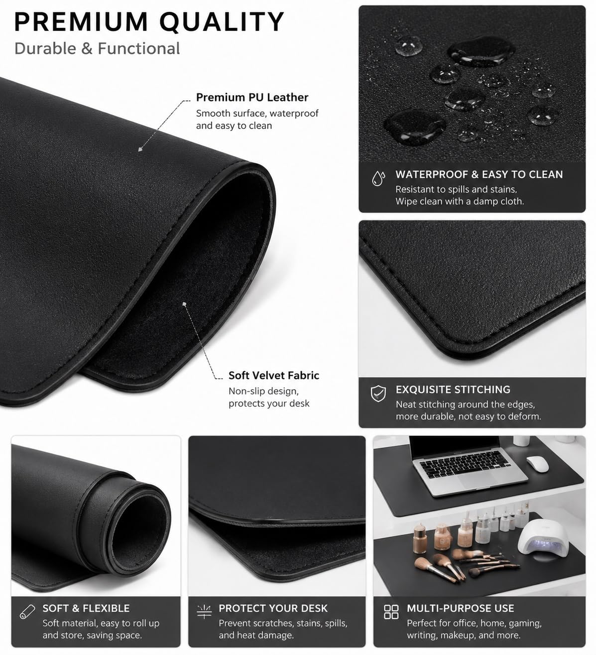 Grande Desk Mat da Scrivania, Tappetino Mouse XXL per Tastiera e Mouse | Protezione Tavolo Computer Premium, Superficie Impermeabile Liscia Antiscivolo per Ufficio Casa Gaming(Black,90x40cm)
