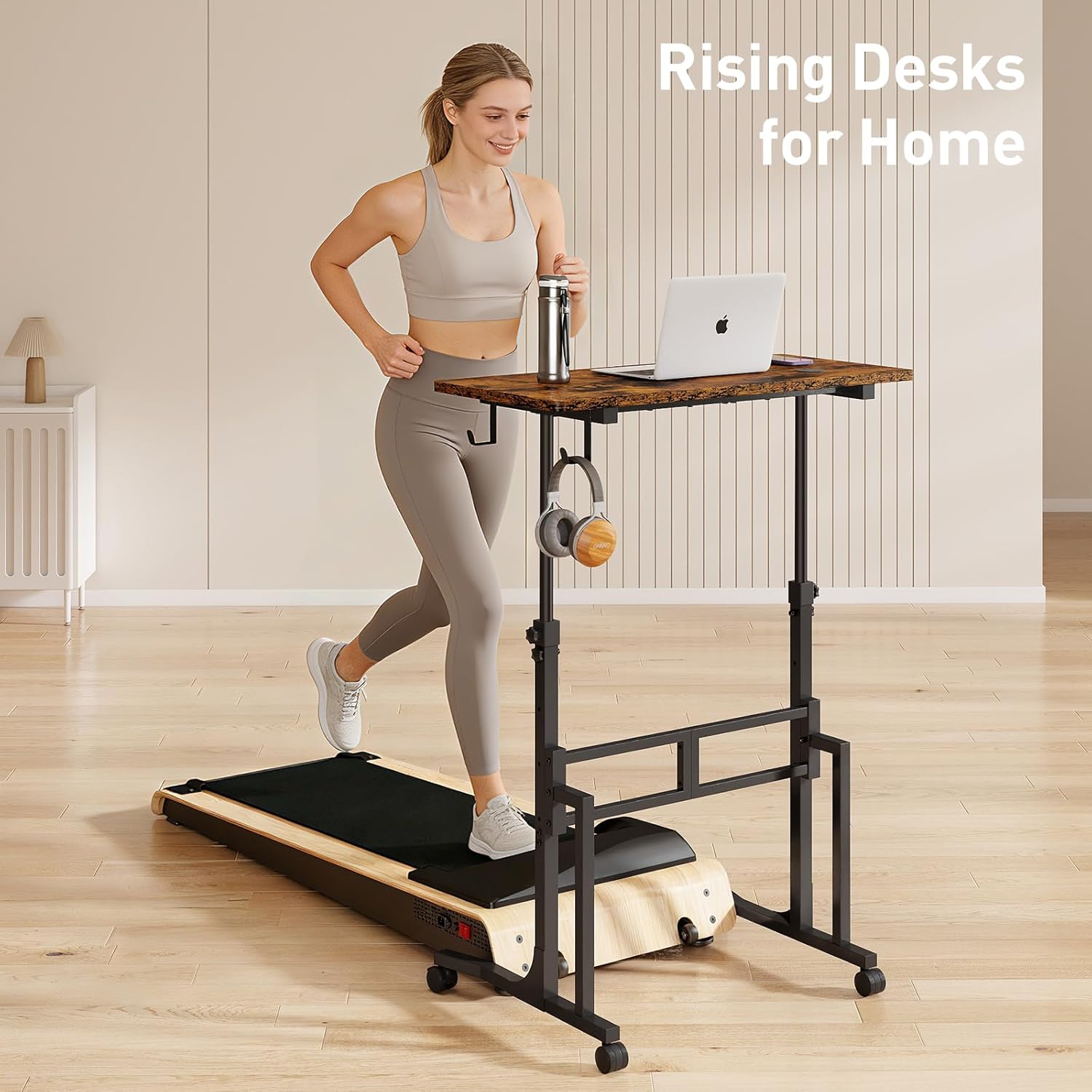 ikkle Standing Desk with Wheels, Adjustable Treadmill Desk, Rolling Bike Trainer Desk for Walking Pad Laptop, Phone Standing, Brown