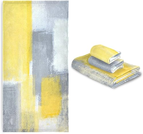 Miniatura 7 de ALAZA Juego de 3 toallas de baño con pintura de arte abstracto gris y amarillo, 1 toalla de baño, 1 toalla de mano, 1 paño suave, multiusos para