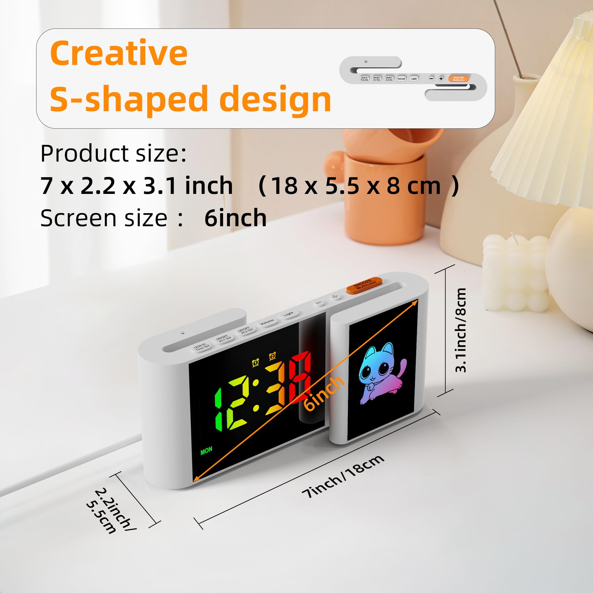 Sveglia RGB per Bambini - Schermo RGB con Luce Notturna a Disegno Animato - Doppia Allarme - Funzione Snooze - Regolatore di Volume - Visualizzazione della Settimana - Gatto Bianco