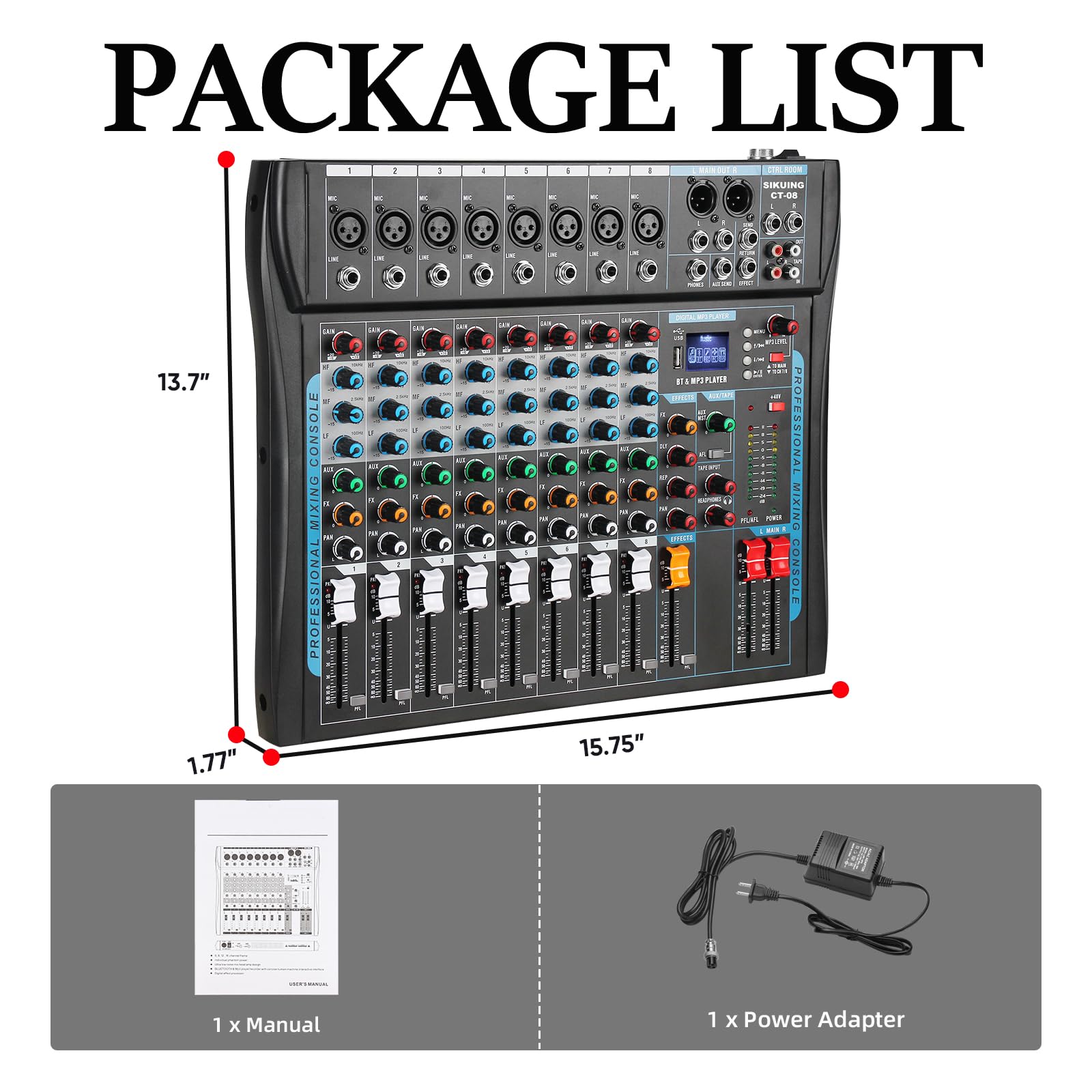 8-K-Audio-Mixer, Soundboard-Mixer, 16 DSP-Effekt-Audio-Interfacer mit USB-Laufwerk für Computeraufnahmen, 48 V Leistung, XLR-Mikrofonanschluss, DJ-Mixer für