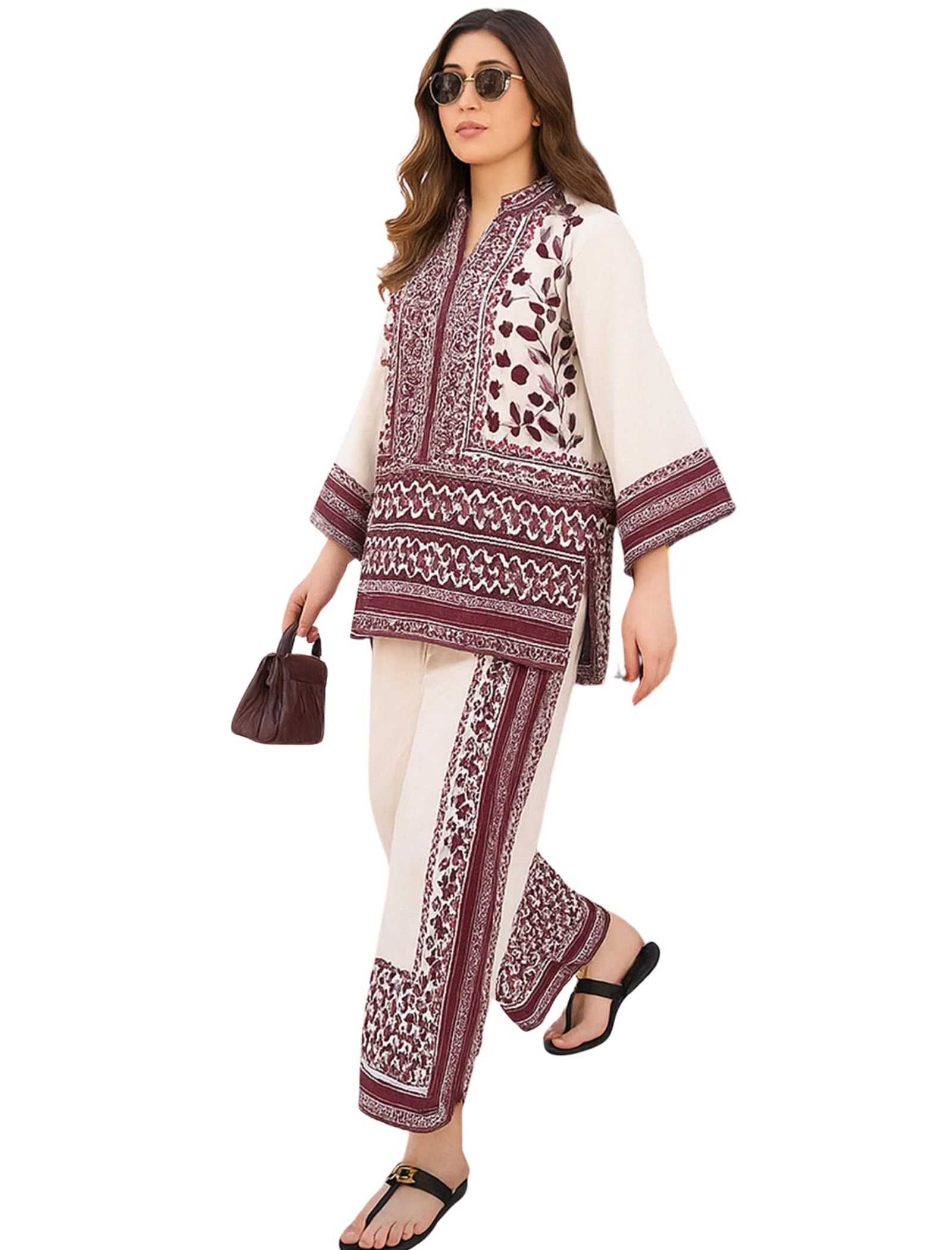 Cord Set for Women Cotton Stylish Poly Rayon - Turkish Co Ord Set for Women Stylish Mandarin Neck Floral Print Western Co Order Sets, Wear as Office Coat, Travel Coord, Cot