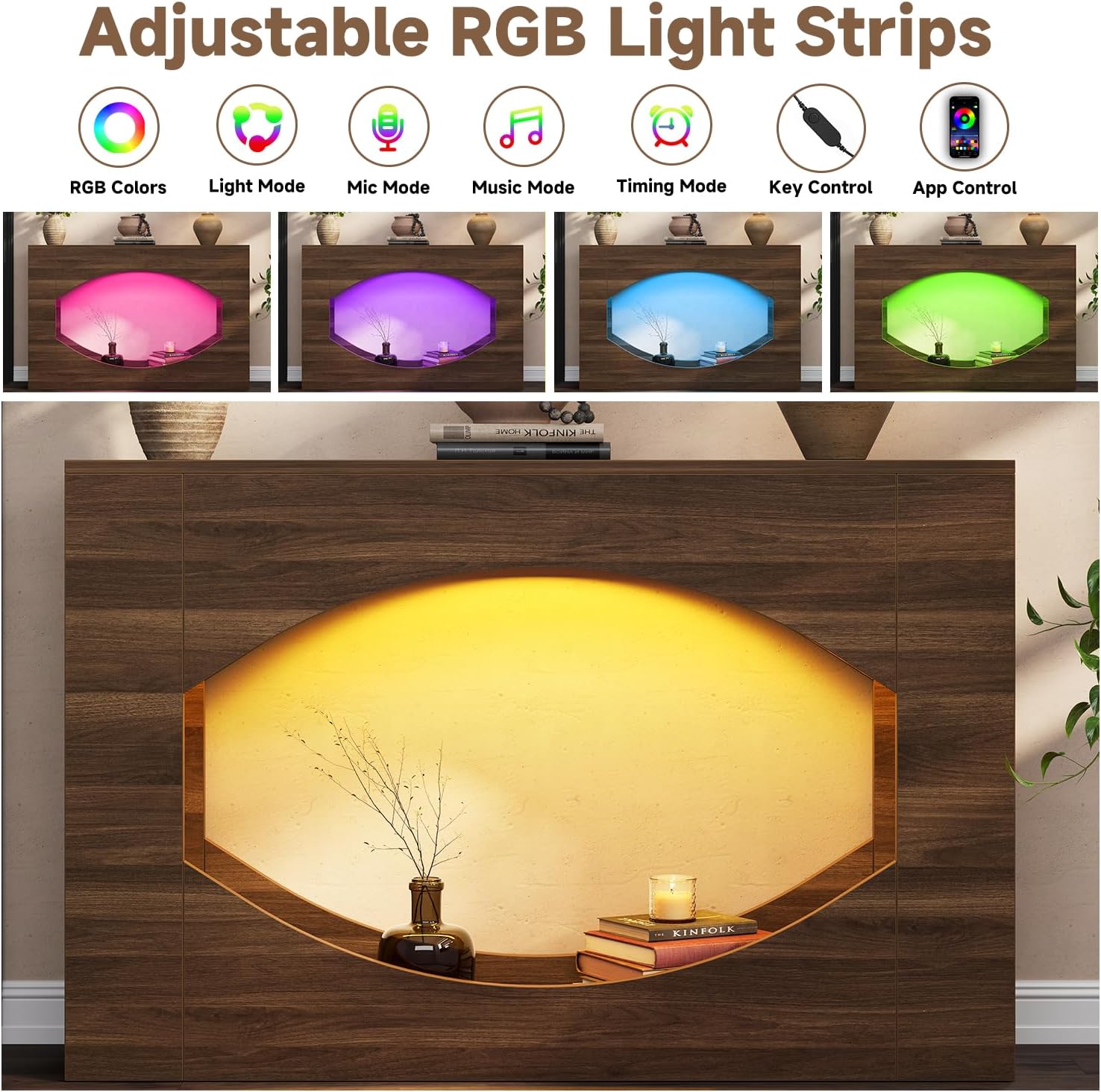 Console Entryway Table with LED Adjustable, 47" Sofa Table Behind Couch, 2-Tier Wooden Entrance Table with Storage, Narrow Long Accent Tables, Farmhouse for Living Room, Hallway, Foyer, Brown