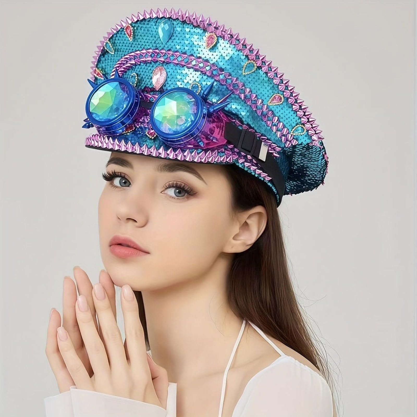 Błyszczące cekinowe czapki kapitana z goglami na festiwal muzyczny maskarady impreza płaski kapelusz odgrywanie ról akcesoria stras czapki