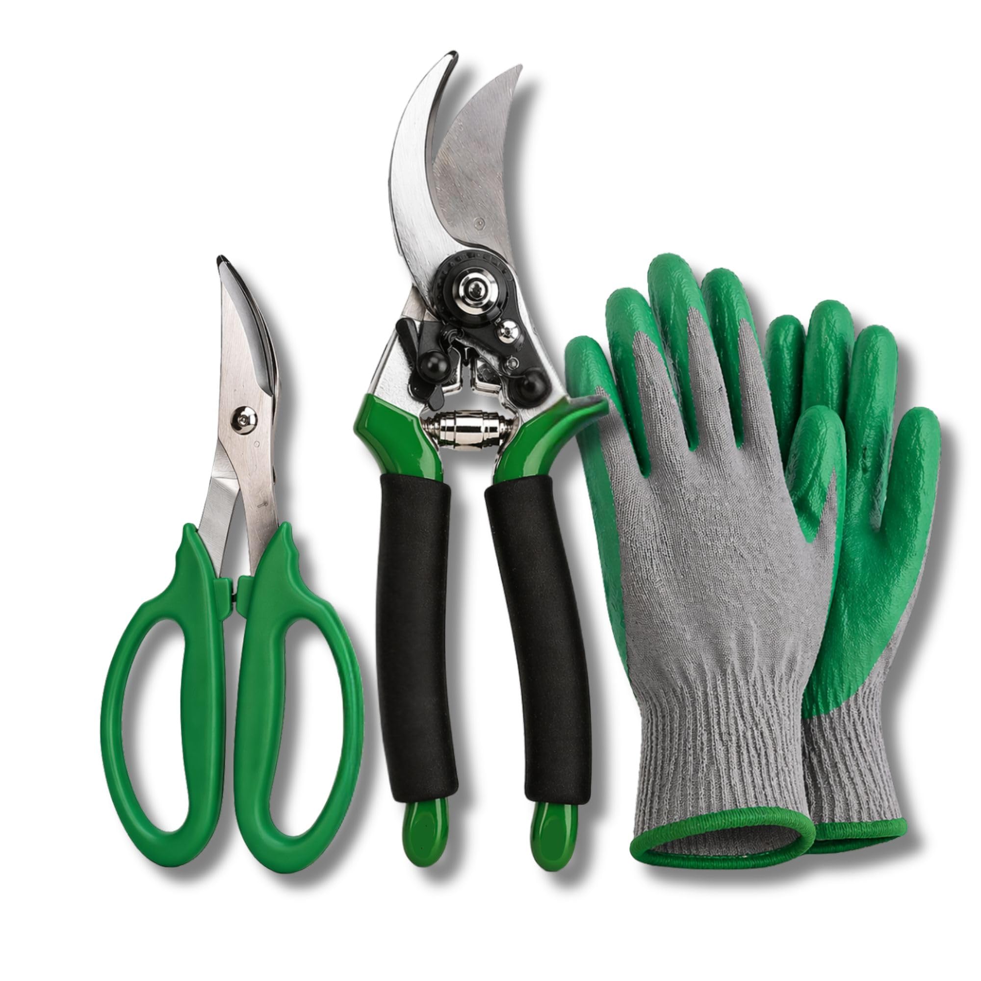 Pruning Kit with Heavy Duty Secateurs, Curved Pruning Scissors & Gloves