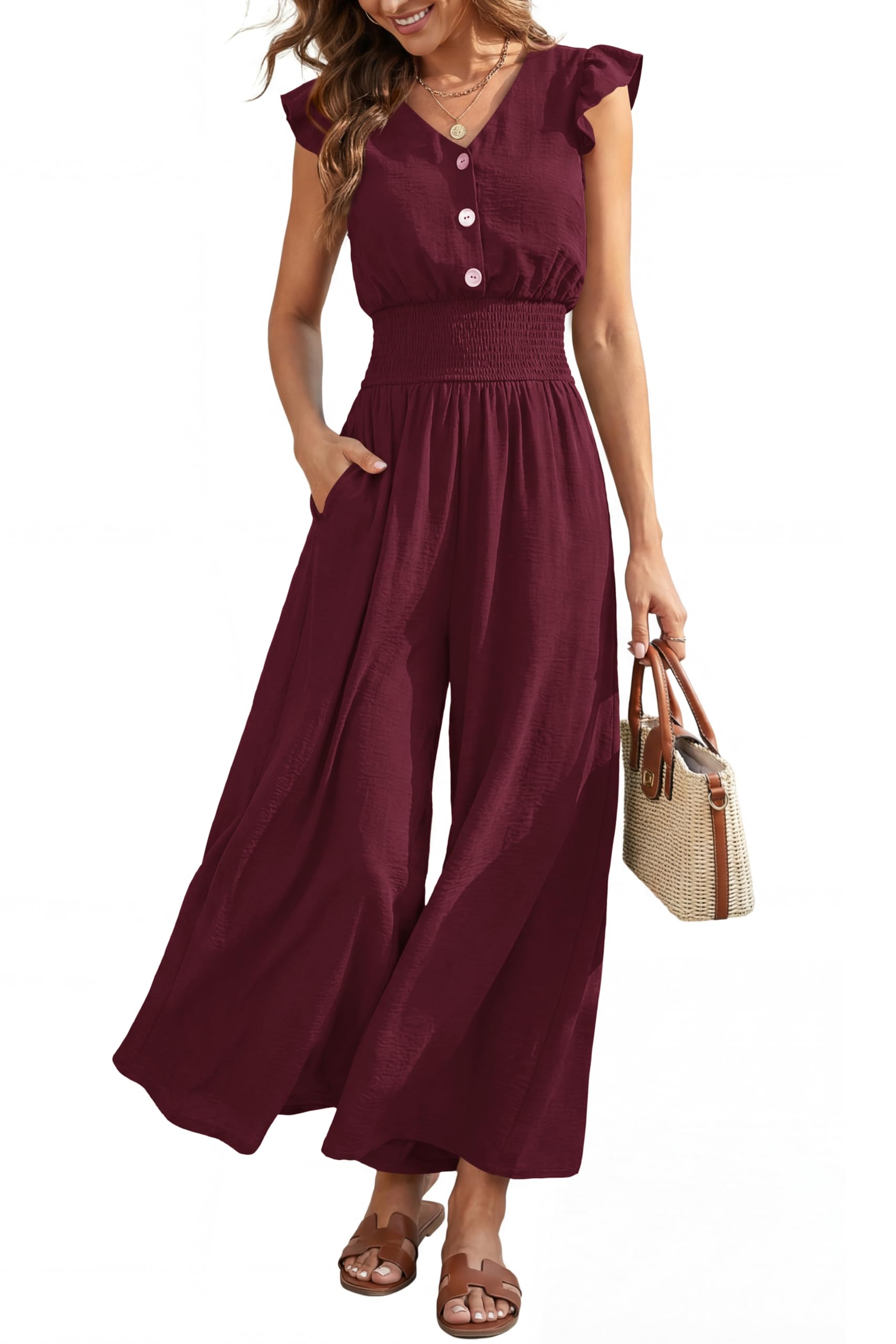Women's Jumpsuits Dressy Casual 2026 Summer Ruffle Cap Sleeve V Neck Button Smocked Rompers Wide Leg Overalls-image-43