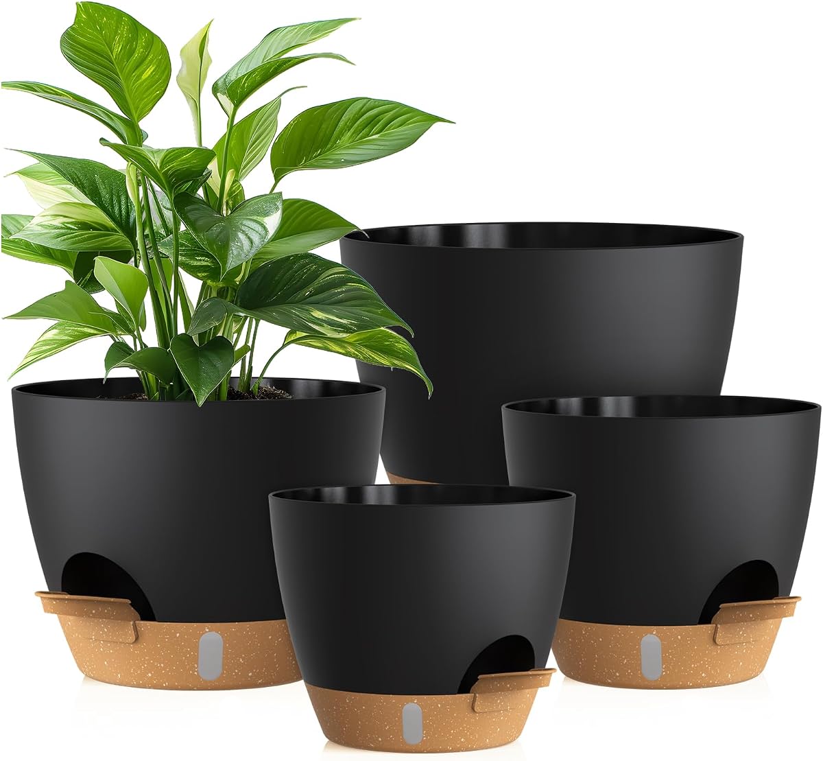Plant Pots, 4 Pack 12/10/9/8 Inch Self Watering Pots with Drainage Holes, Water Level Indicator Deep Reservoir, Large Planters for Indoor Outdoor Plants - Black Brown