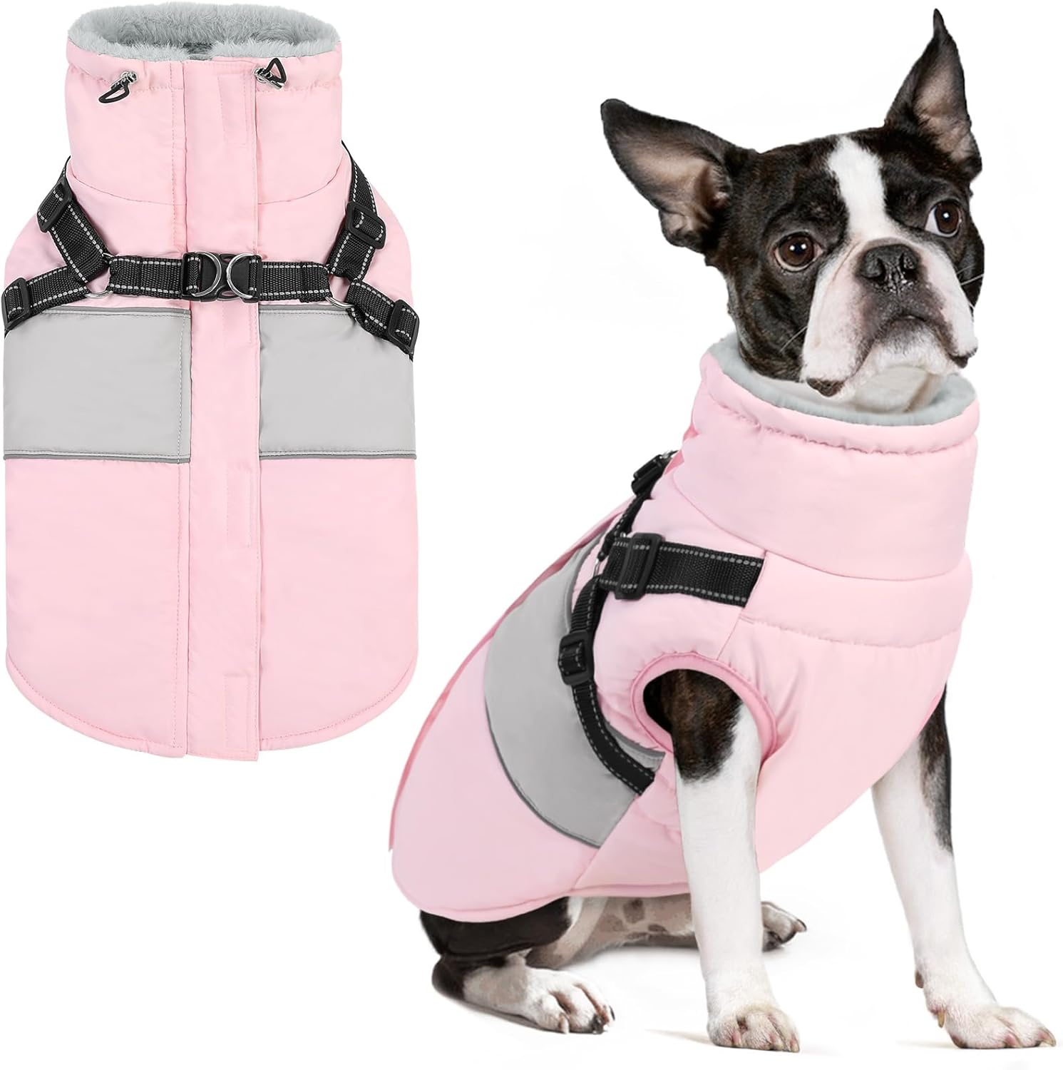 SUNFURA Small Dog Coat with Harness Built in, Warm Dog Jacket Winter with Zipper On Back, Waterproof Pet Snow Jacket Snowsuit Pet Sweater Clothes for Schnauzer, Yorkshire Terrier, Pink S Small Pink