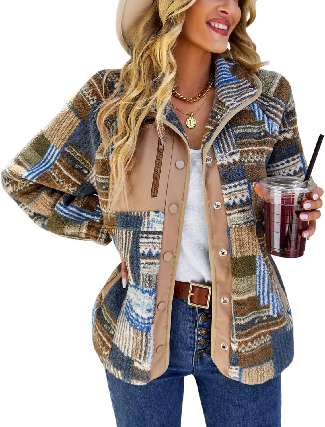 Leyoutx Women's Fall Warm Fleece Aztec Tribal Print Fuzzy Button Down Jacket Lightweight Fluffy Coat
