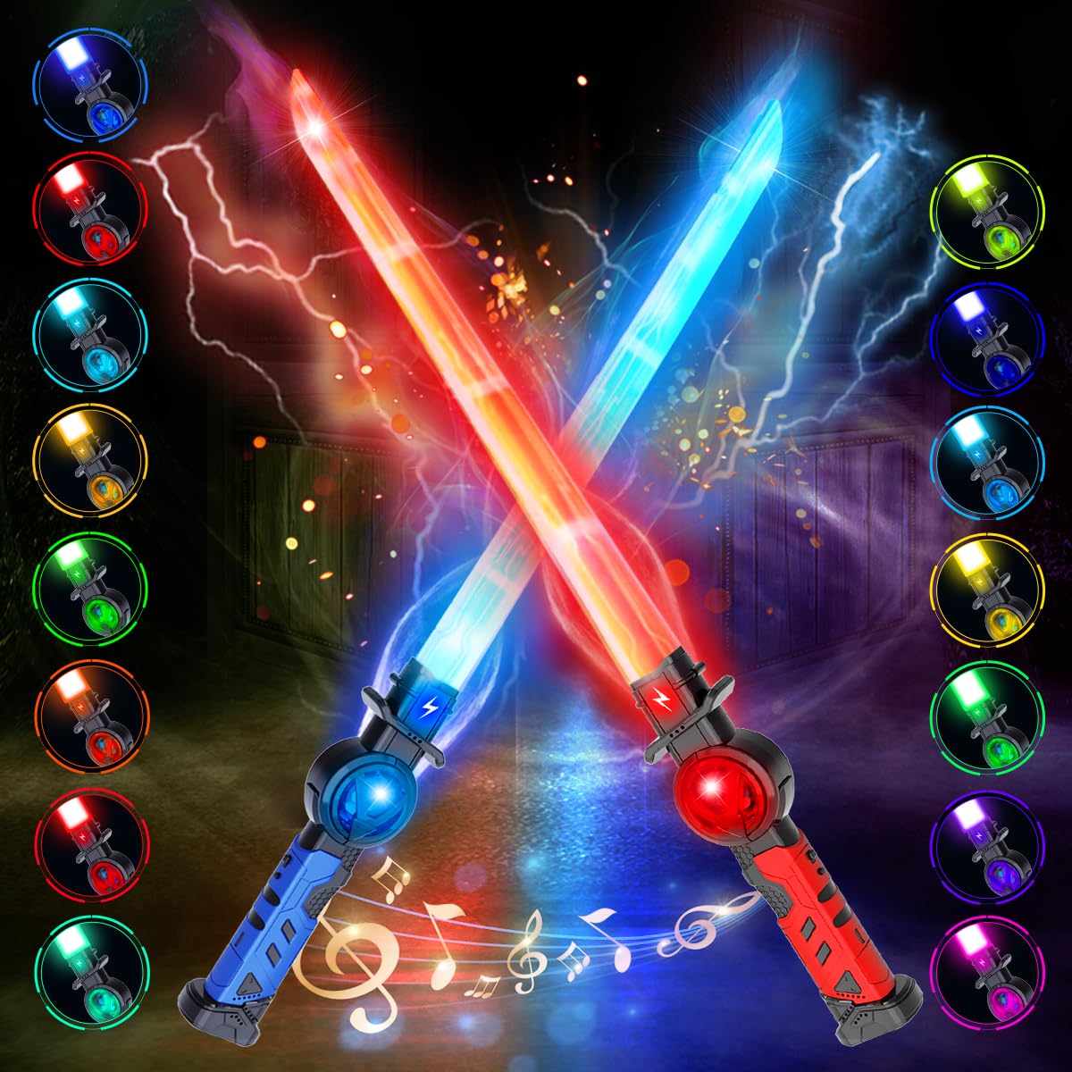 VATOS 2PCS Spade Luminose Ricaricabili per Bambini, 15 Colori Variabili con Effetti Sonori di Combattimento, Giocattolo di Spada Luminosa LED Retrattile 2 in 1 per Cosplay, Feste su Samurai