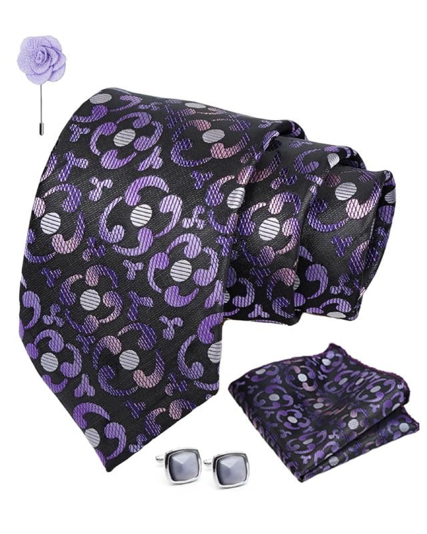 Axlon Tie for Men – Dotted Silk Neck Ties Set with Cufflinks Flower Pin, Pocket Square & Black Gift Box, Combo Necktie Sets for Office Wear, Formal Suits & Weddings (Purple, AX24_10)