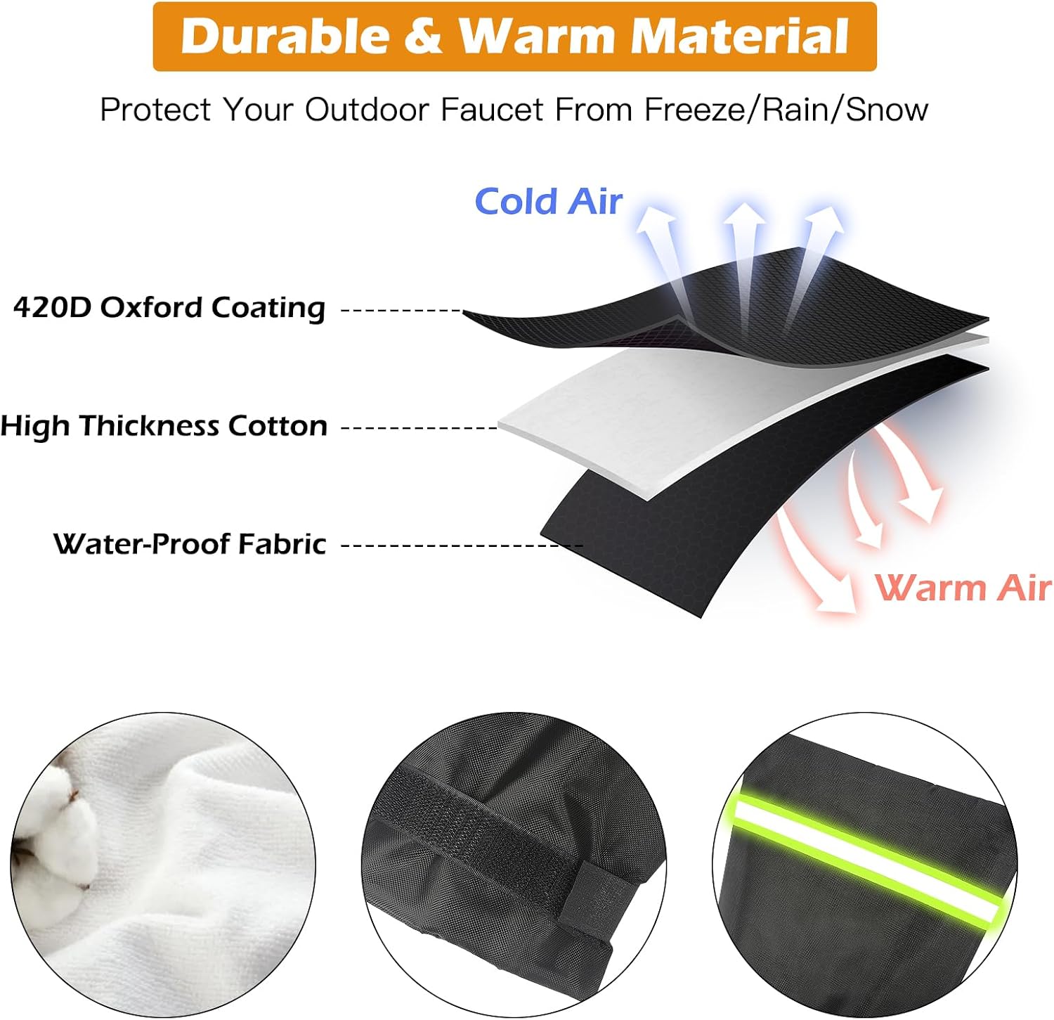 Outdoor Faucet Covers for Winter, Pro 9.8" H x 7.1" W Outside Faucet Cover Freeze Protection, Upgraded Reusable Spigot Covers Winter Insulated for Outside Faucet with Reflective Strip, 6 Pack Black image 4