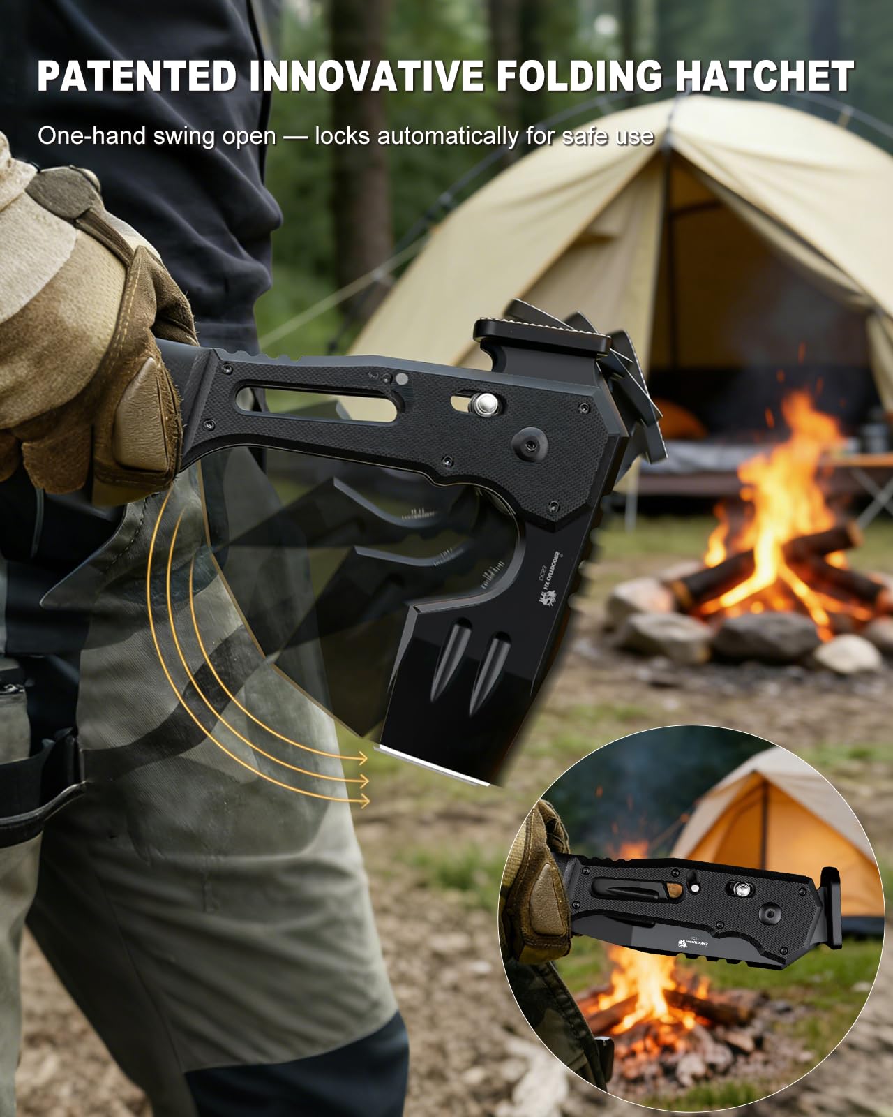 HX OUTDOORS Ascia Tattica Pieghevole da Sopravvivenza, Lama in Acciaio DC53 con Titanio Nero, Ascia da Campeggio con Martello e Apribottiglie, Accetta Pieghevole con Impugnatura G10