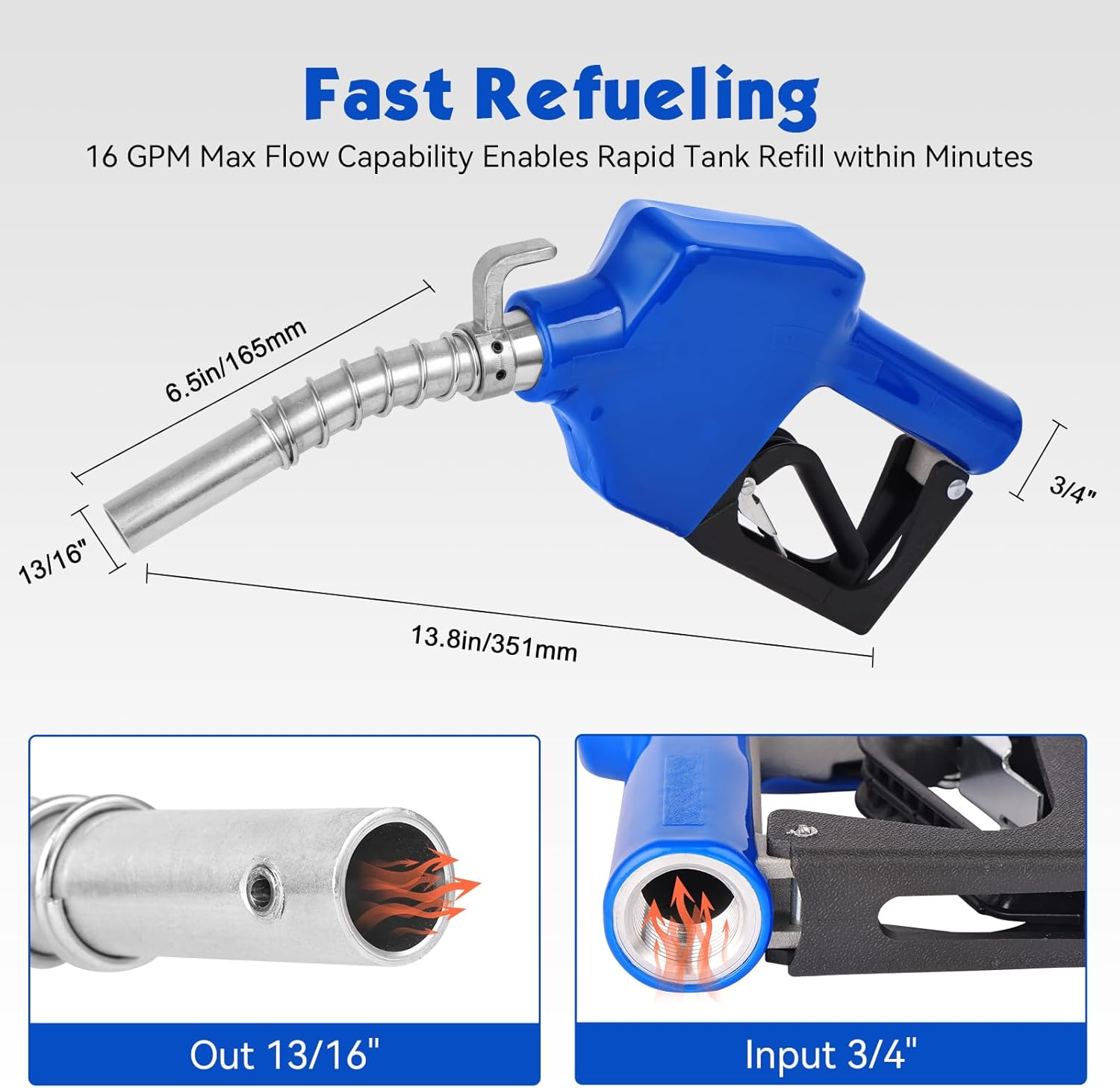 3/4" NPT Auto Shutoff Fuel Nozzle, 13/16" Nozzle with Hook and 3-Position Padlock for Industrial Automotive Fueling, Diesel, Gasoline and Kerosene，Blue with 3/4 Universal Joint