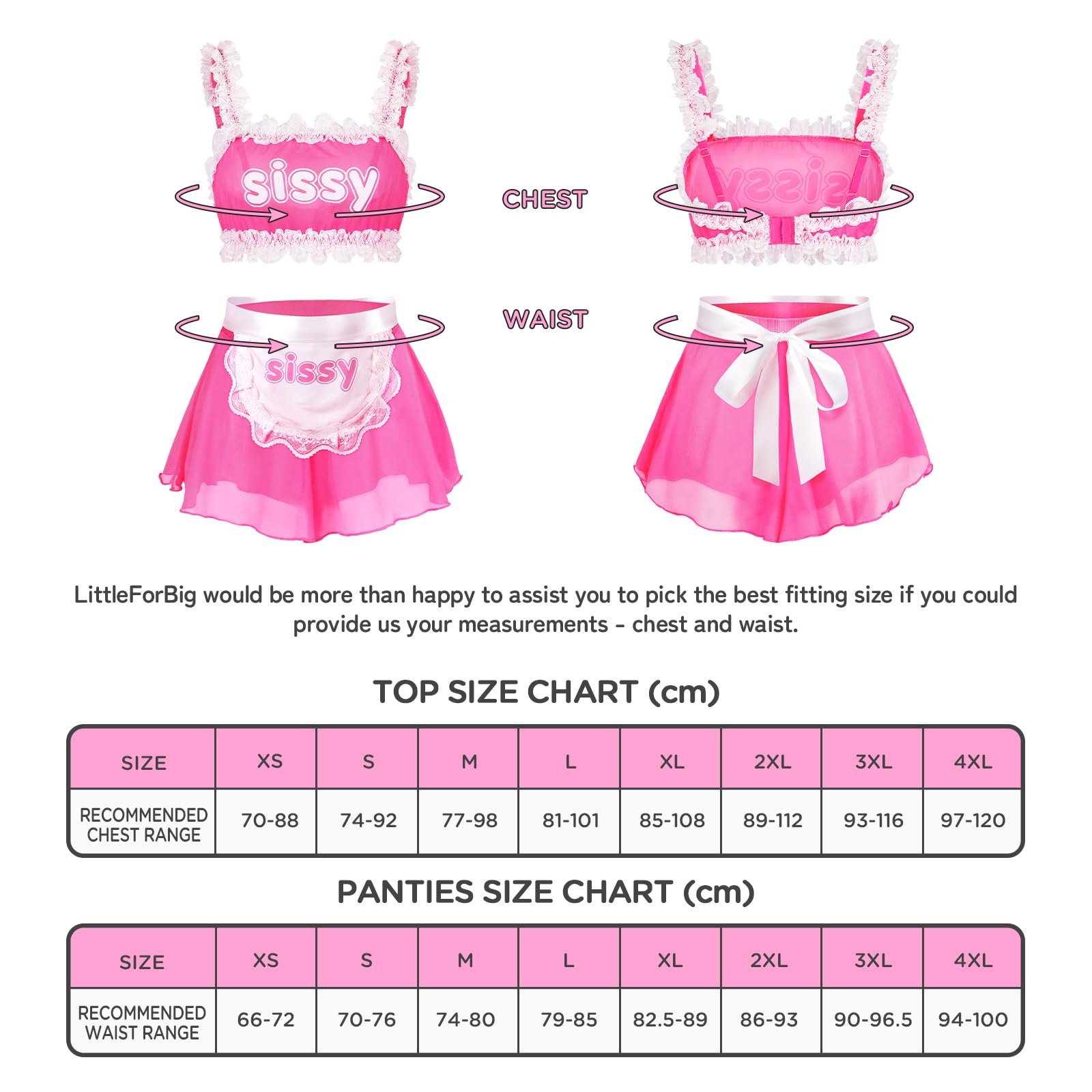 LittleForBig Unisex regulowana koronkowa bielizna nocna bielizna nocna z siateczki, odzież wypoczynkowa, Sissy Maid przezroczyste braletki rocked zestaw majtek ze zdejmowanym fartuchem