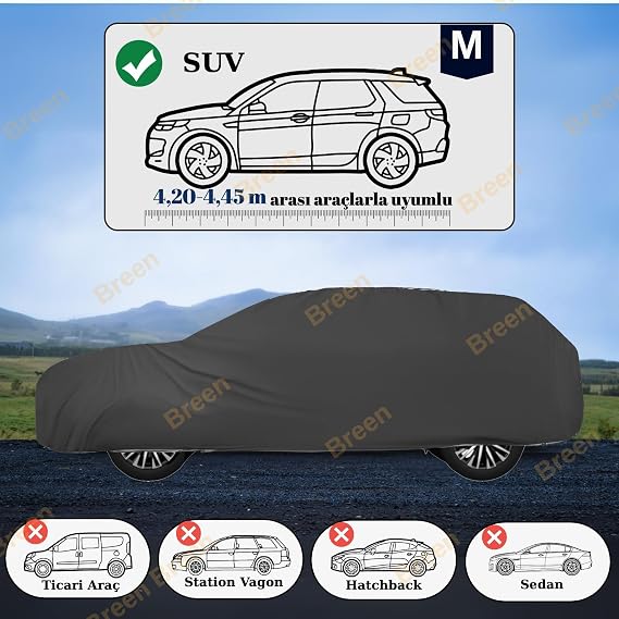 Araba Brandası, Oto Örtüsü, Araba Çadırı (Siyah, SUV için araba uzunluğu 4.20m - 4.45m arası (M))
