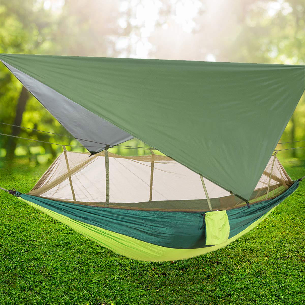 ele ELEOPTION Hamak kempingowy z moskitierą i muchą przeciwdeszczową, nośność 200 kg, 260 x 140 cm, nylonowy, podwójny, wodoodporny, lekki, przenośny, do wędrówek z plecakiem, wędrówek, wędkowania, na