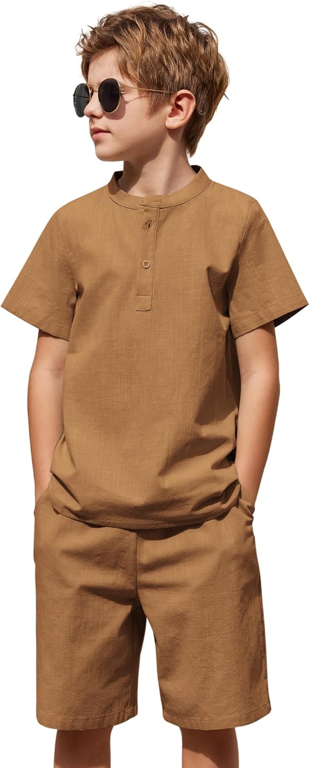 Arshiner Boy's 2 Pieces Cotton Linen Set Casual Henley Shirts Short Sleeve Beach Shorts Summer Outfits for 5-12 Years