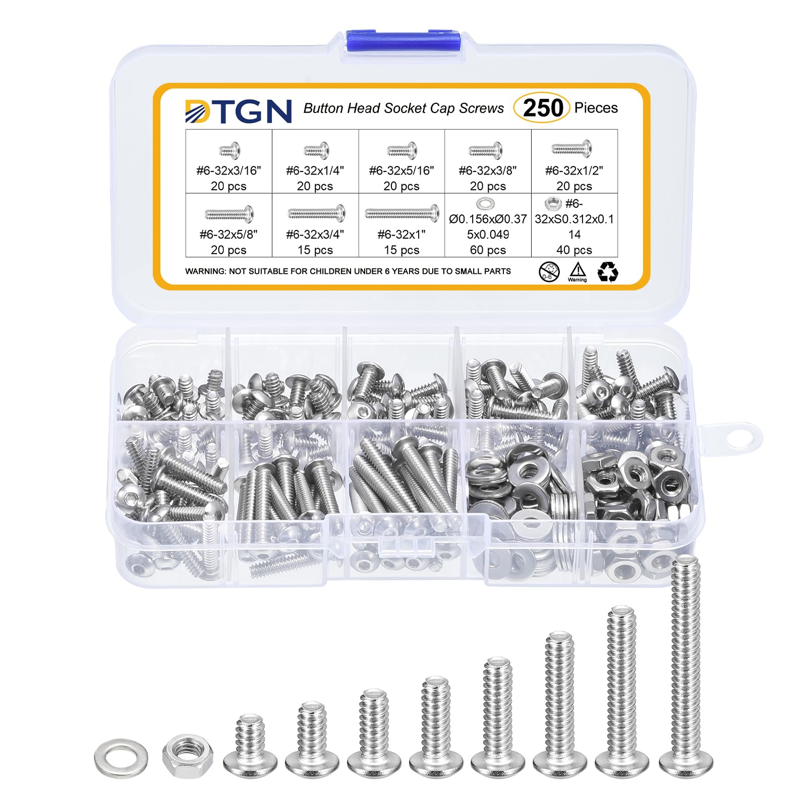 DTGN 252Pcs #6-32x3/16" to 1" Button Head Socket Cap Screws, 304 Stainless Steel Bolt Nut Set Washer Assortment Kit