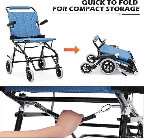 Miniatura 8 de Silla de ruedas ligera para adultos, asiento plegable de transporte de 18 pulgadas, silla de ruedas plegable con reposapiés elevable para viajes de