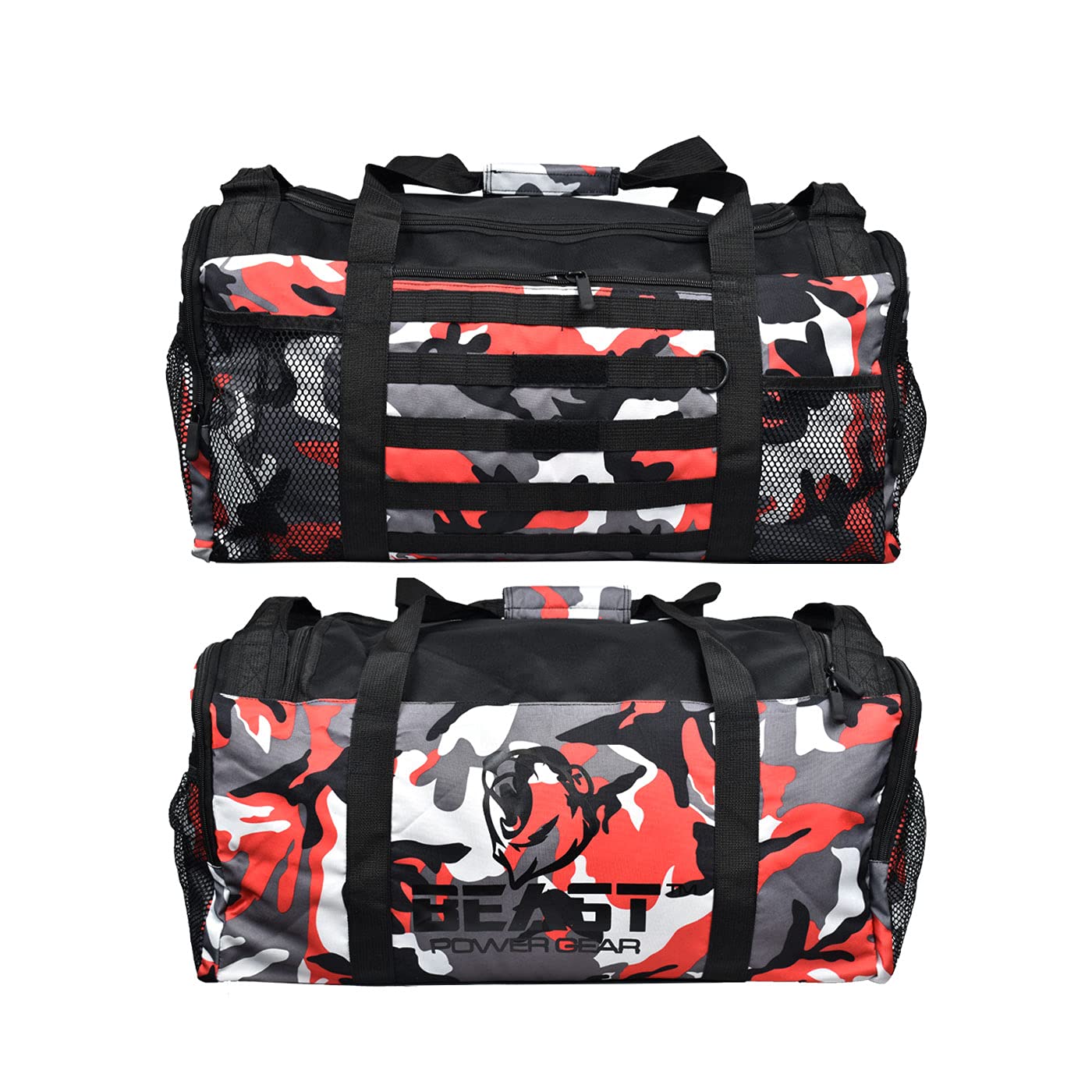 Beast Power Gear Gym Duffle Bag- Workout, Boxing, MMA, Sports Bag with Shoes Compartment and Adjustable Shoulder Strap for Men and Women, Red Camo, 23x11x11 inches, Duffle