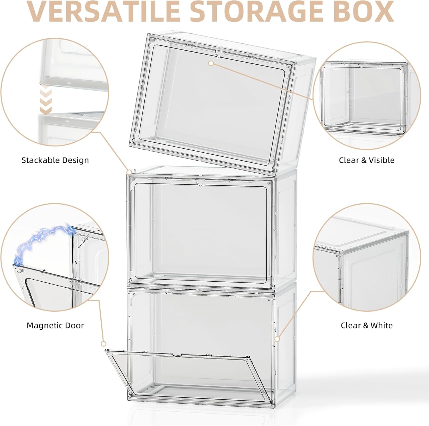 5 Pack Stackable Storage Bins with Lids, White Plastic Storage Container with Clear Lids, Clear Display Case with Magnetic Door for Purse, Handbag, Figure, Collectibles, Doll, Bag, 14.2"x8.66x10.6" - Image 6