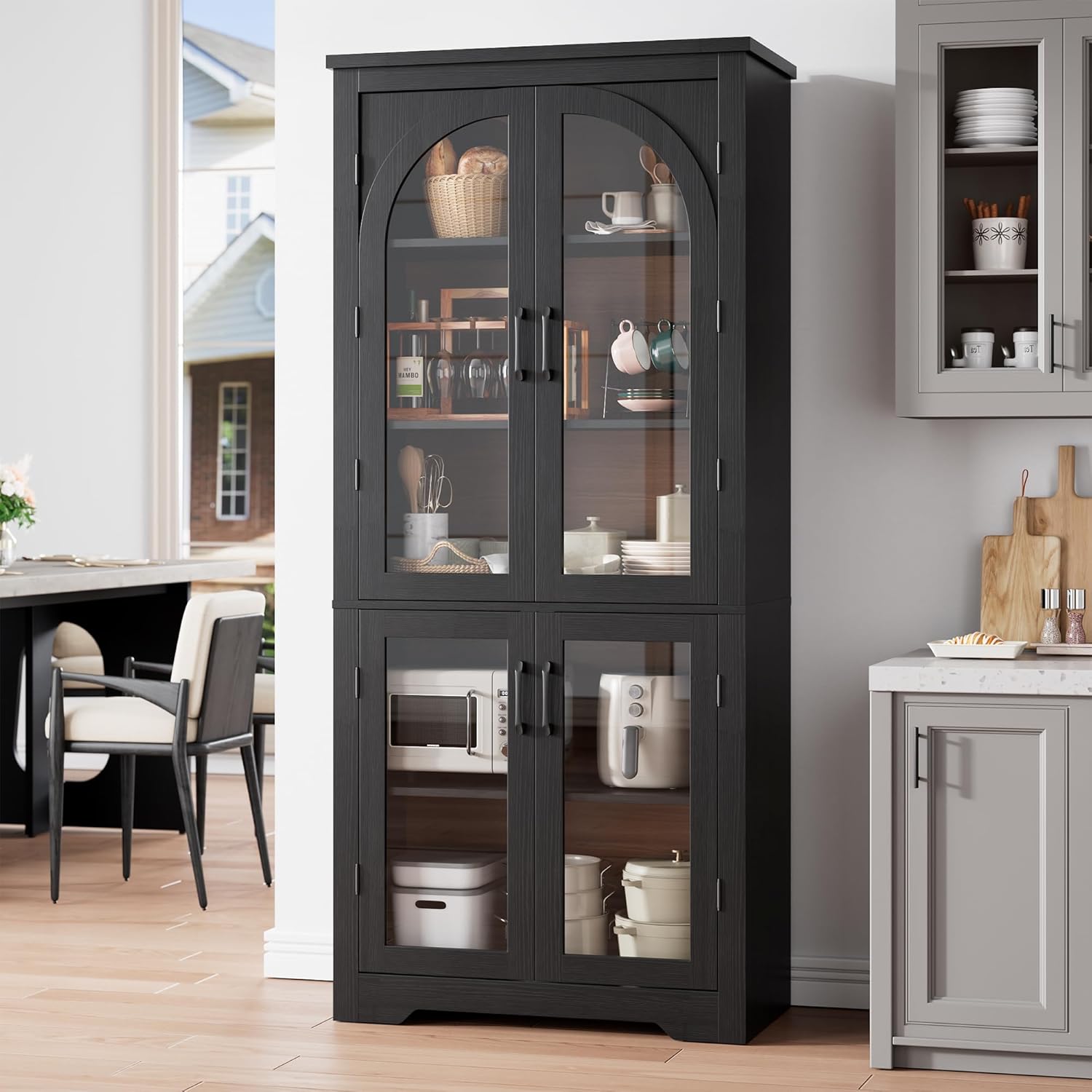 Garvee 70" Tall Kitchen Pantry Cabinet - Modern Display Cabinet with 4 Arched Glass Doors and Adjustable Shelves, Versatile Cupboard Organizers for Kitchen, Dining Room, Living Room, Bathroom, Black