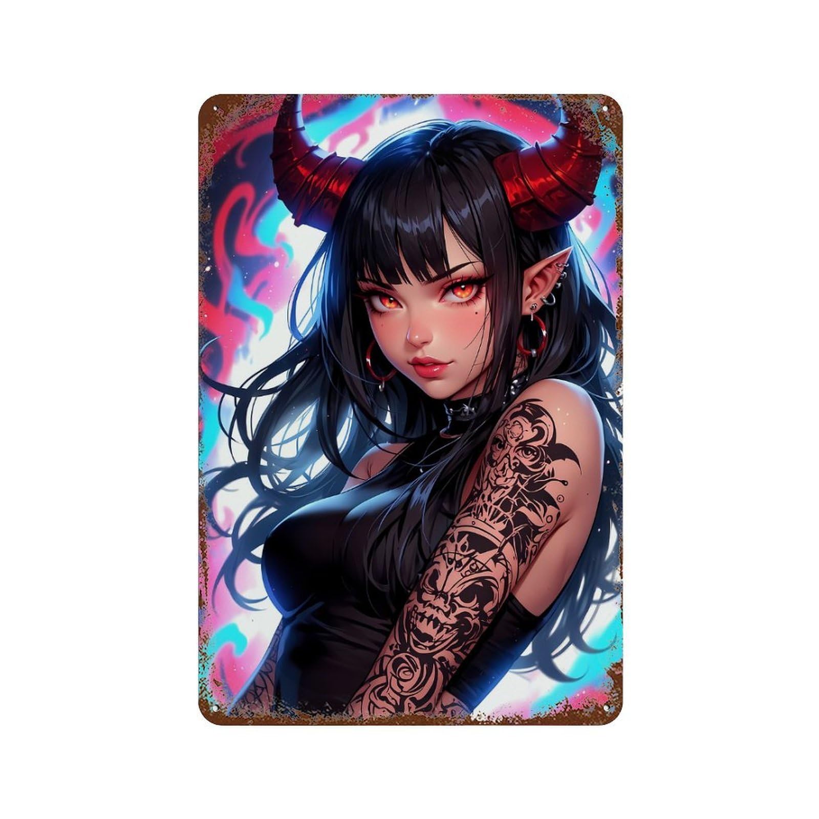 Devilish Demon Girl Aged Metal Wall Plaque 11.8"x7.9", Classic Wall Plaque for Garage, Pub Or Kitchen