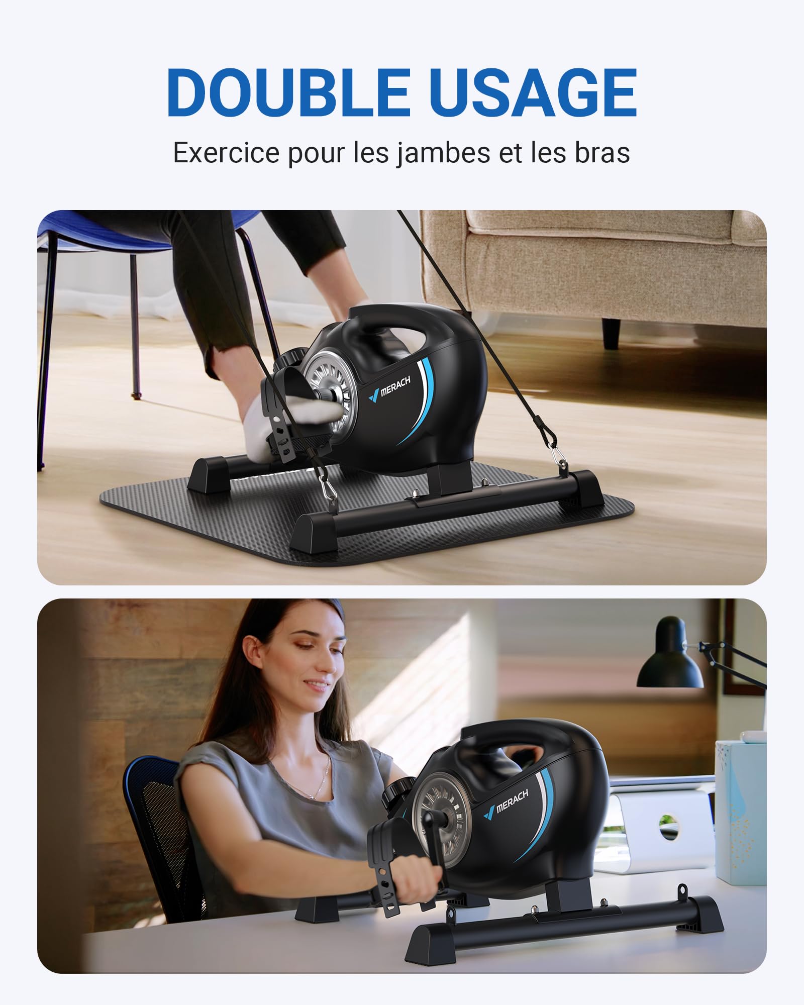 MERACH Pedalier d'Appartement, Mini Velo Bureau avec 2 Bandes de Résistance et Tapis Antidérapant