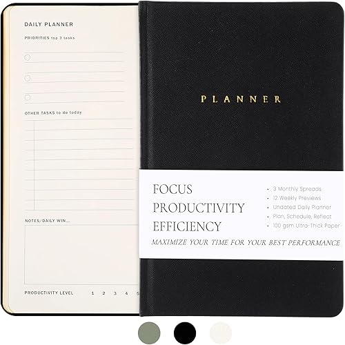 Jaloro Productivity 2026 Planner Undated Daily Planner Quarterly Organizer A5 Daily Monthly Weekly Quarterly Adhd Cleaning Journal Habit Tracker Perfect School or Office Supplies for Women Men(Black)