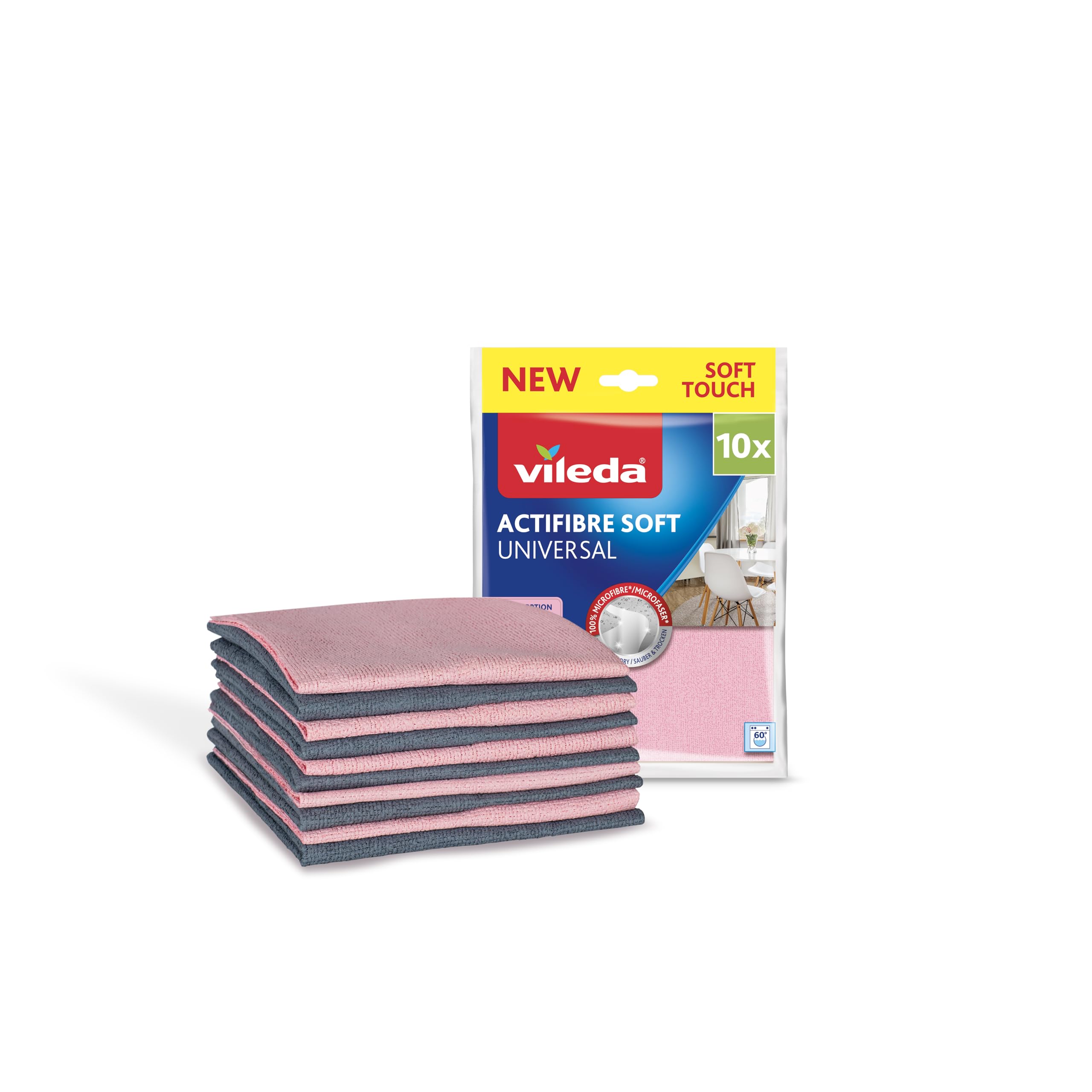 Actifibre Soft Multipack 10 Cloths | Streak-free Cleaning | Exceptional Absorbency | Soft Touch | Light Pink & Grey | Pack of 10