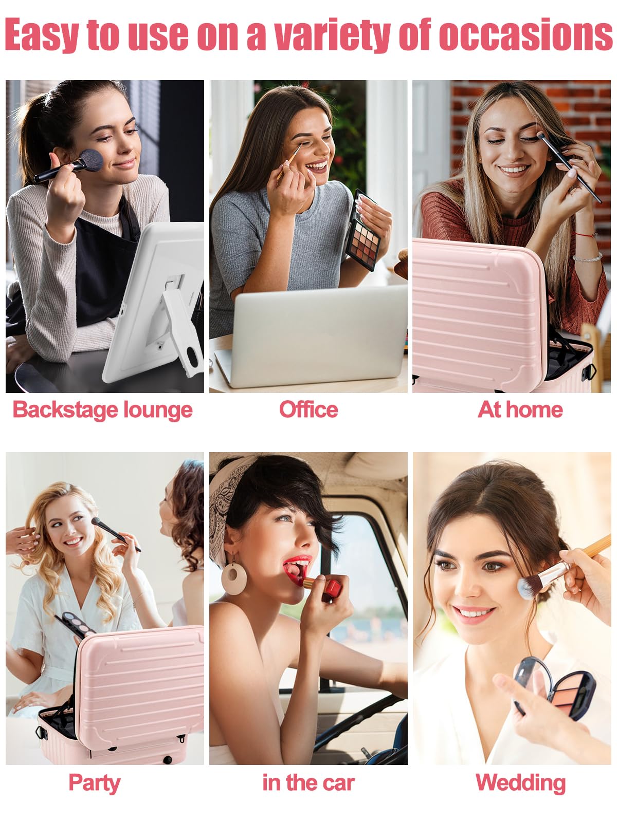 Kalolary Travel Makeup Train Cases,Makeup Bag with 3 Color Lighted Mirror Cosmetic Case Organizer Bag with Adjustable Dividers & Shoulder Strap 3 Layer Portable Makeup Storage Box for Women,Pink