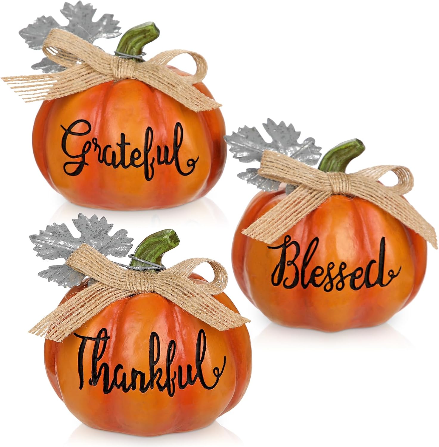 Fall Pumpkins Decoration 3Pcs Resin Pumpkins Thanksgiving Fake Pumpkin Figurines Mini Carved Pumpkin for Home Harvest Halloween Thanksgiving Rustic Farmhouse Table Centerpiece Shelf Mantel