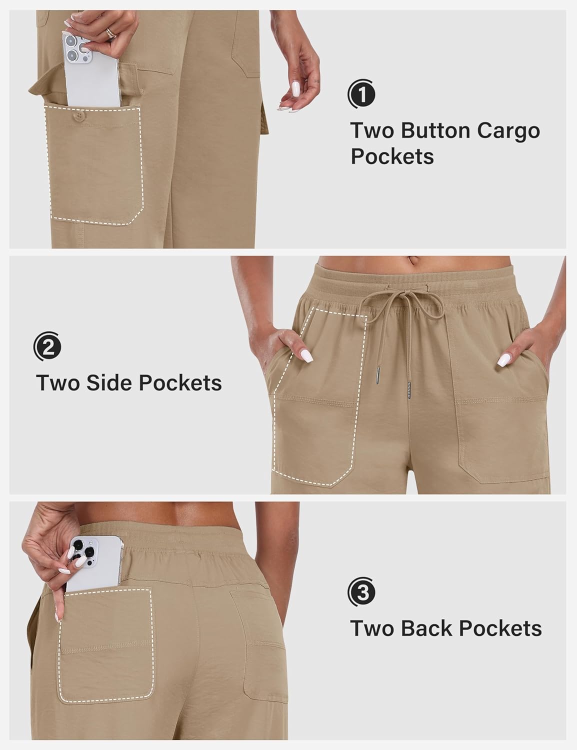 MoFiz Women's Hiking Pants Roll Up Convertible Capri Pant Lightweight Quick Dry Outdoor Travel Athletic Pants Pockets