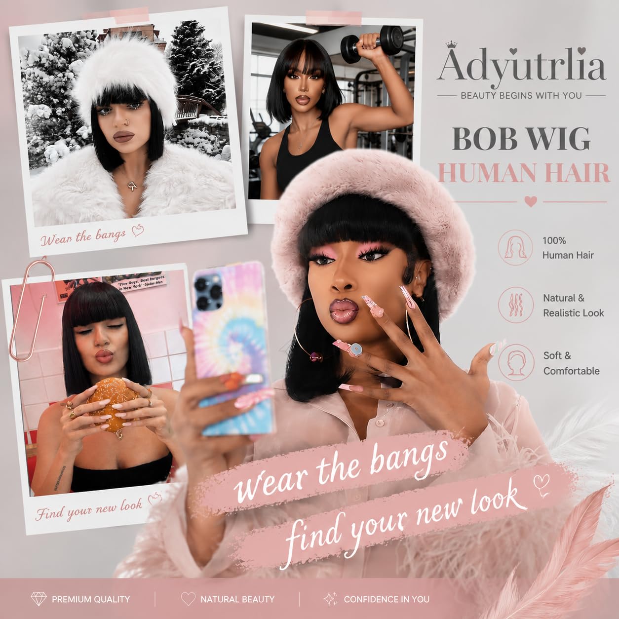 Straight Bob Wig Human Hair with Bangs, Glueless 2x4 HD Lace Closure