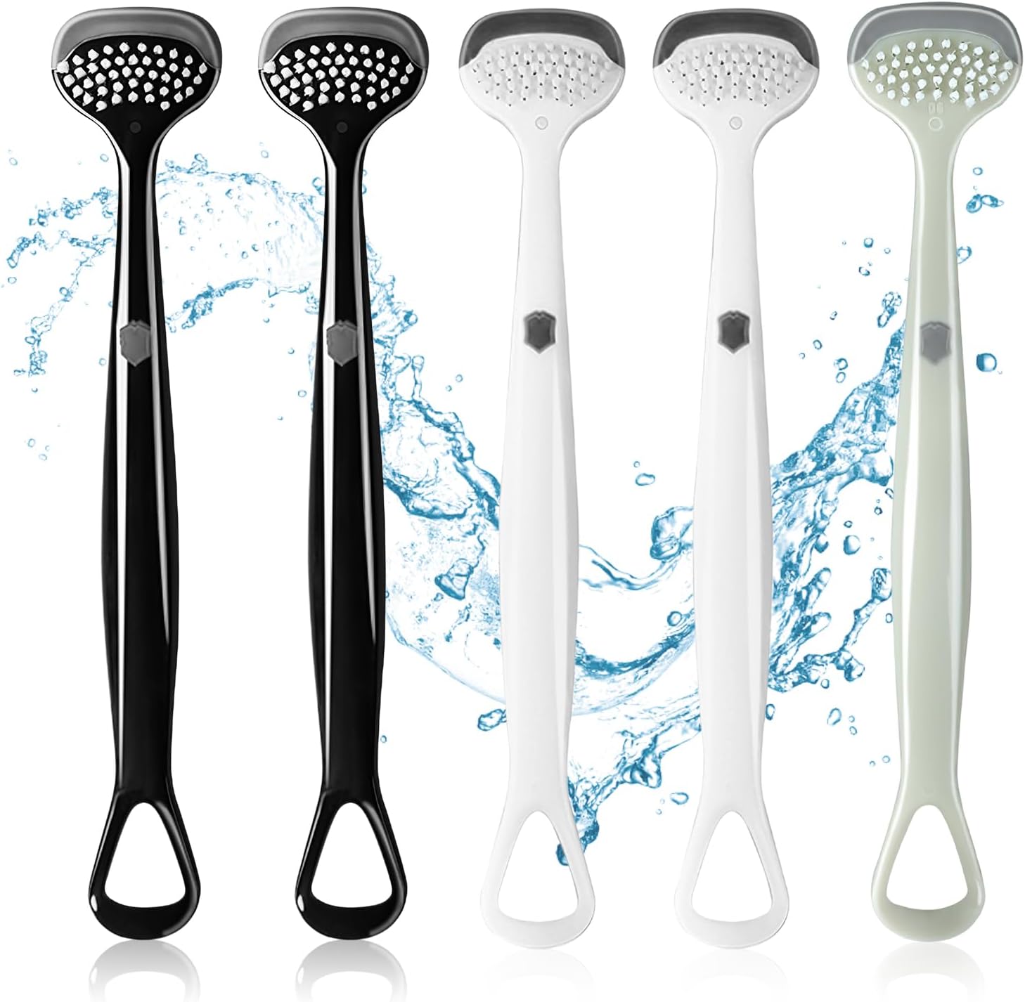 Gegoup Tongue Brush, Tongue Cleaner, 3 Effects, Bad Breath Care, Multi-functional, Tongue Moss Removal, Hypoallergenic, Prevents Bad Breath, Ergonomic, Anti-Slip Grip, Prevents Vomiting, Dental Product, Portable, Home Use, Gray/White/Black, 3 Colors, Set of 5